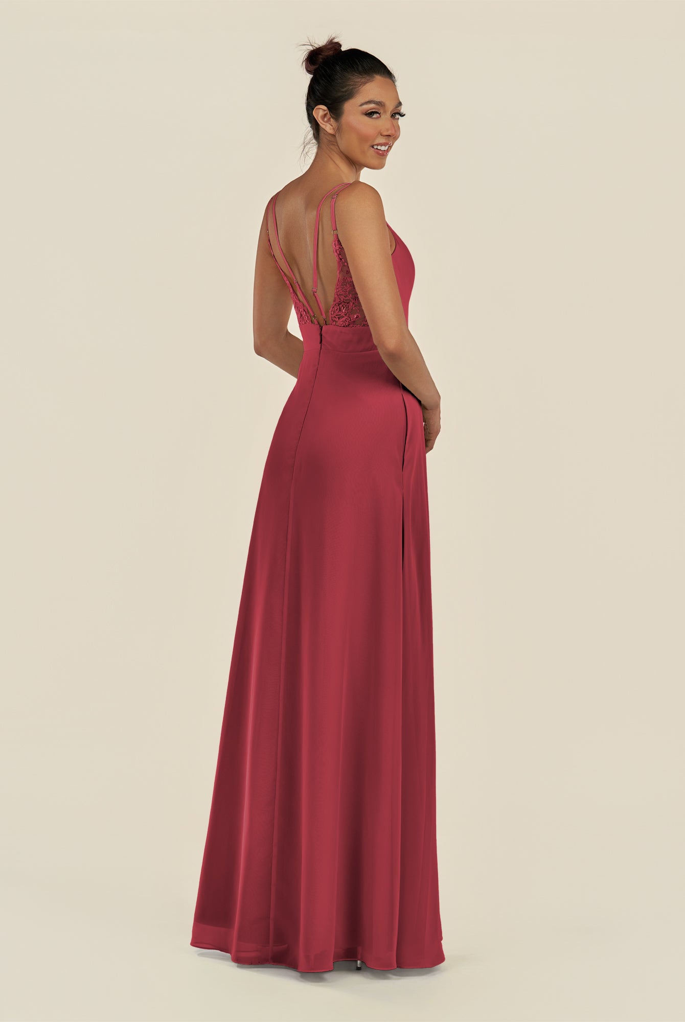 KissDress-Zyria Merlot A Line Chiffon V Neck Ruched Long Bridesmaid Dress with Slit