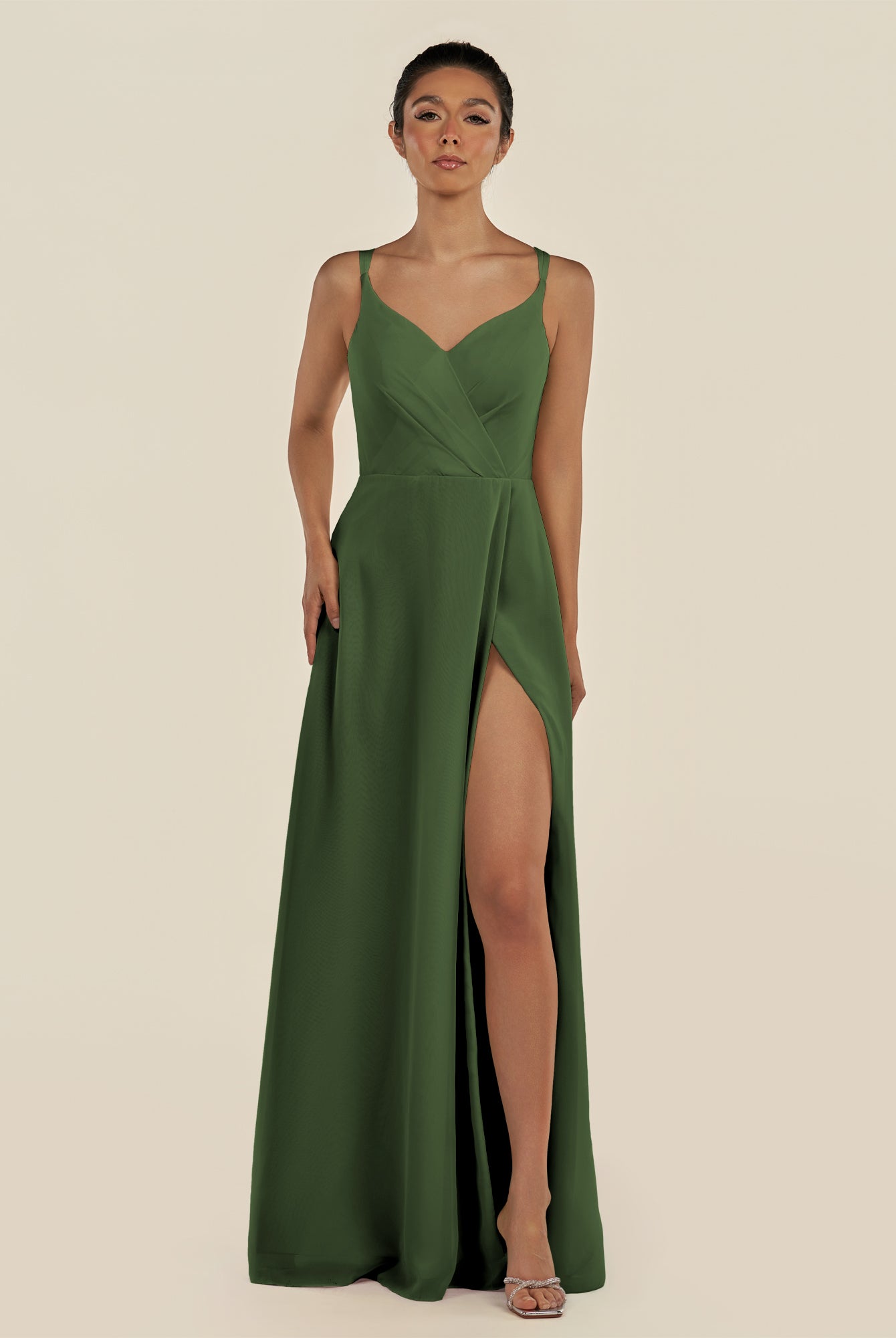 KissDress-Zyria Moss A Line Chiffon V Neck Ruched Long Bridesmaid Dress with Slit