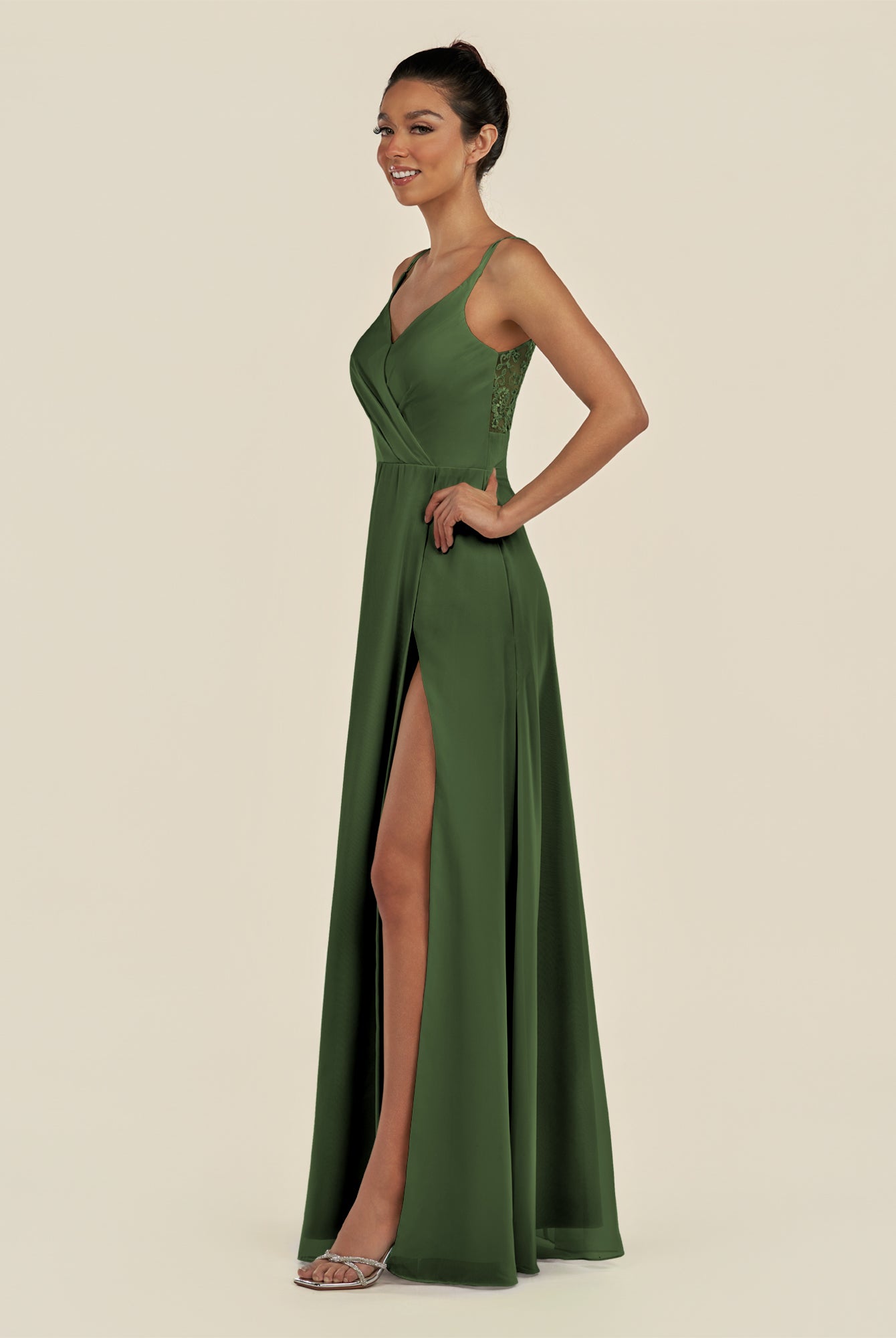 KissDress-Zyria Moss A Line Chiffon V Neck Ruched Long Bridesmaid Dress with Slit
