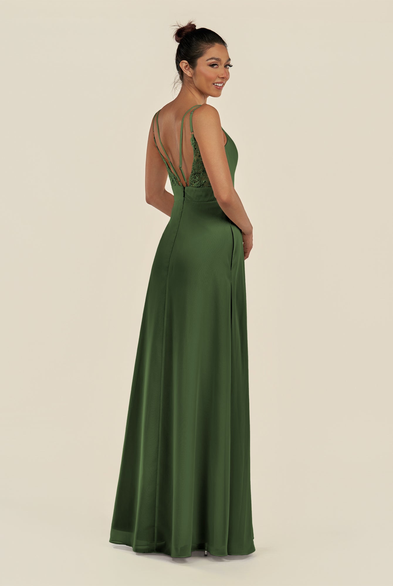 KissDress-Zyria Moss A Line Chiffon V Neck Ruched Long Bridesmaid Dress with Slit