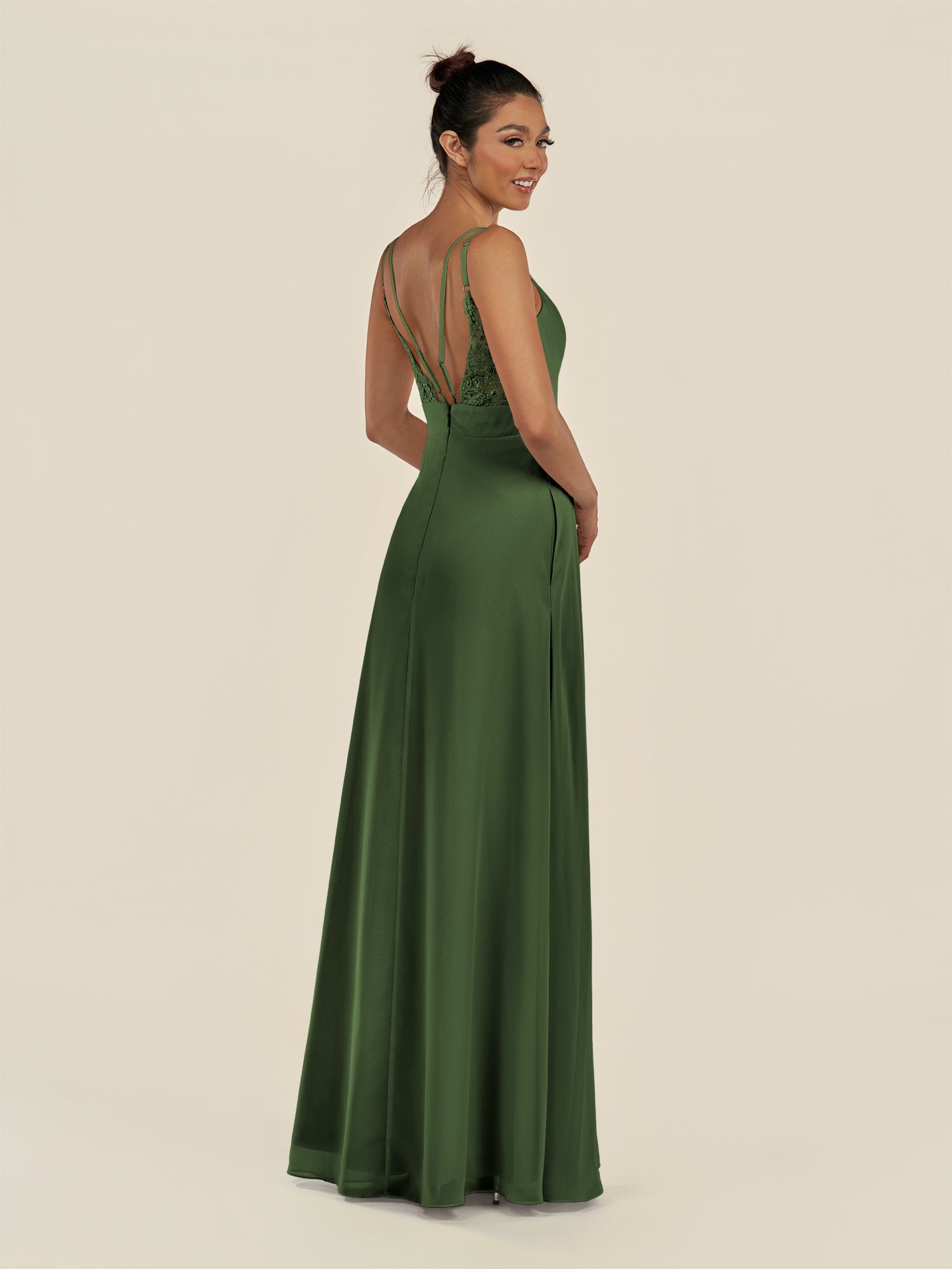 KissDress-Zyria Moss A Line Chiffon V Neck Ruched Long Bridesmaid Dress with Slit