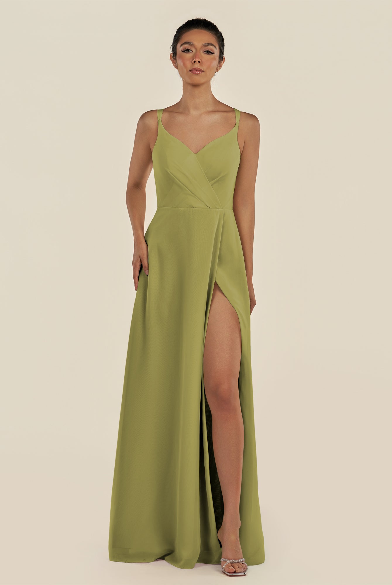 KissDress-Zyria Moss Green A Line Chiffon V Neck Ruched Long Bridesmaid Dress with Slit