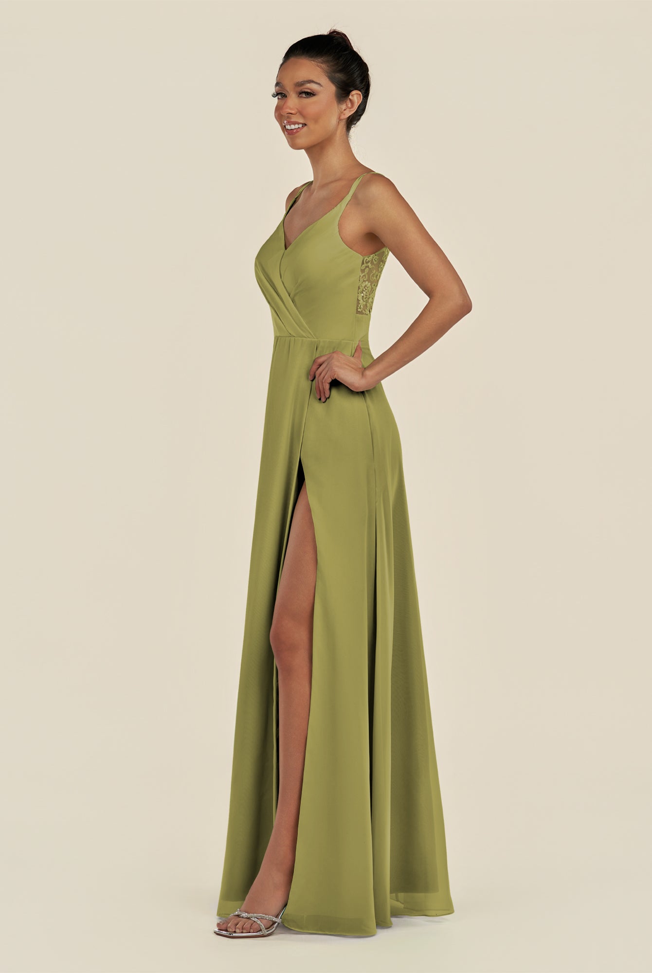 KissDress-Zyria Moss Green A Line Chiffon V Neck Ruched Long Bridesmaid Dress with Slit