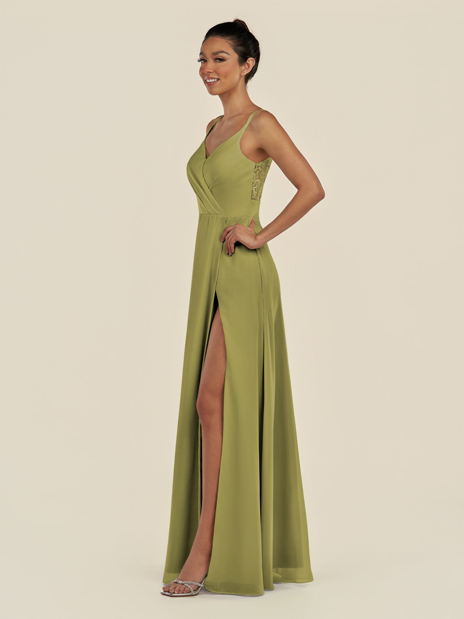 KissDress-Zyria Moss Green A Line Chiffon V Neck Ruched Long Bridesmaid Dress with Slit