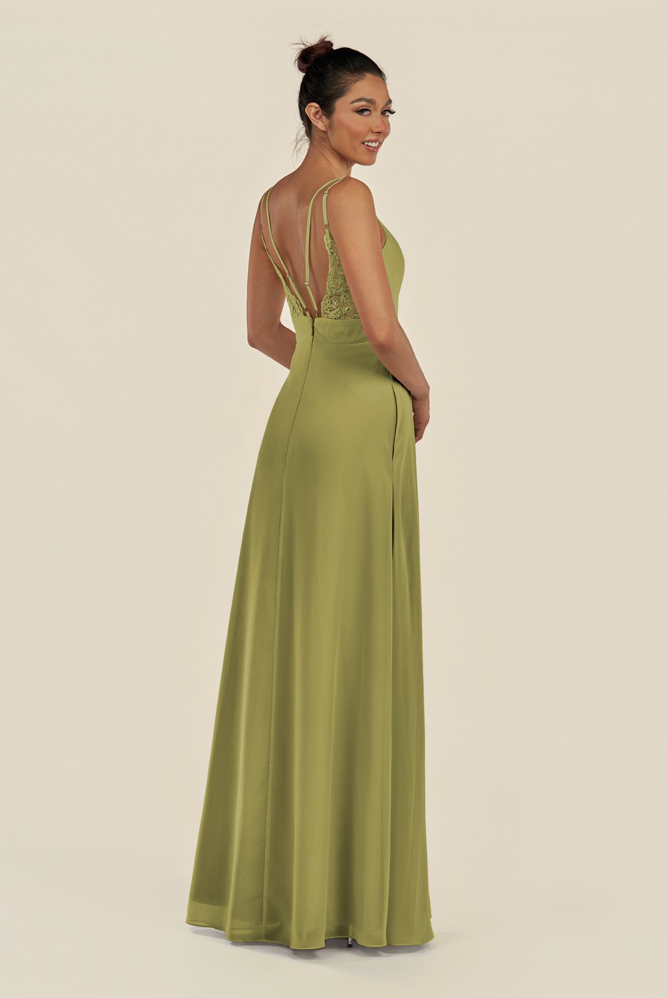 KissDress-Zyria Moss Green A Line Chiffon V Neck Ruched Long Bridesmaid Dress with Slit
