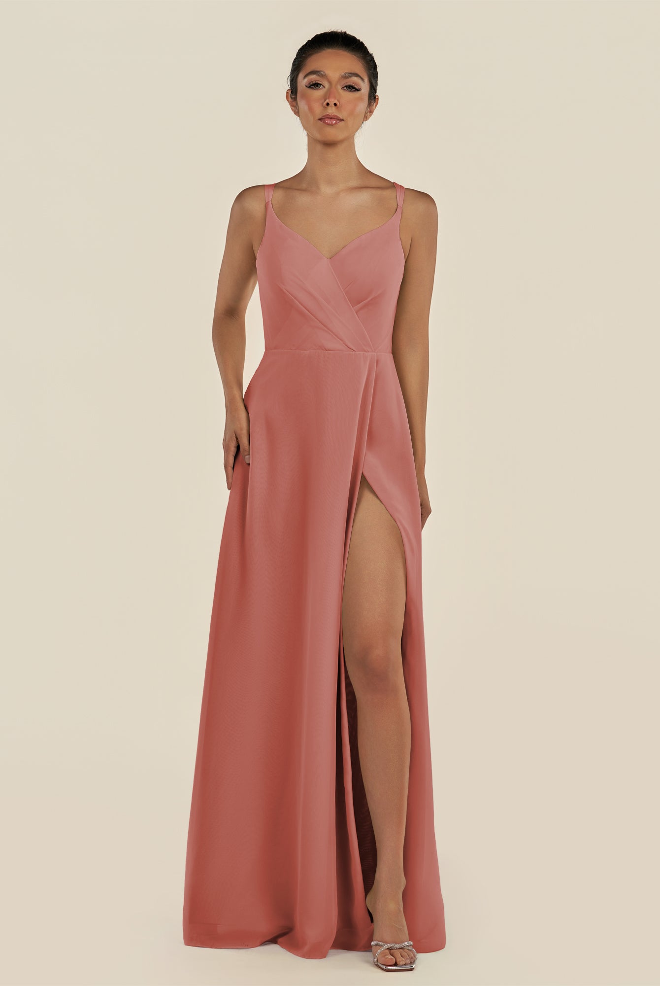KissDress-Zyria Mulberry A Line Chiffon V Neck Ruched Long Bridesmaid Dress with Slit