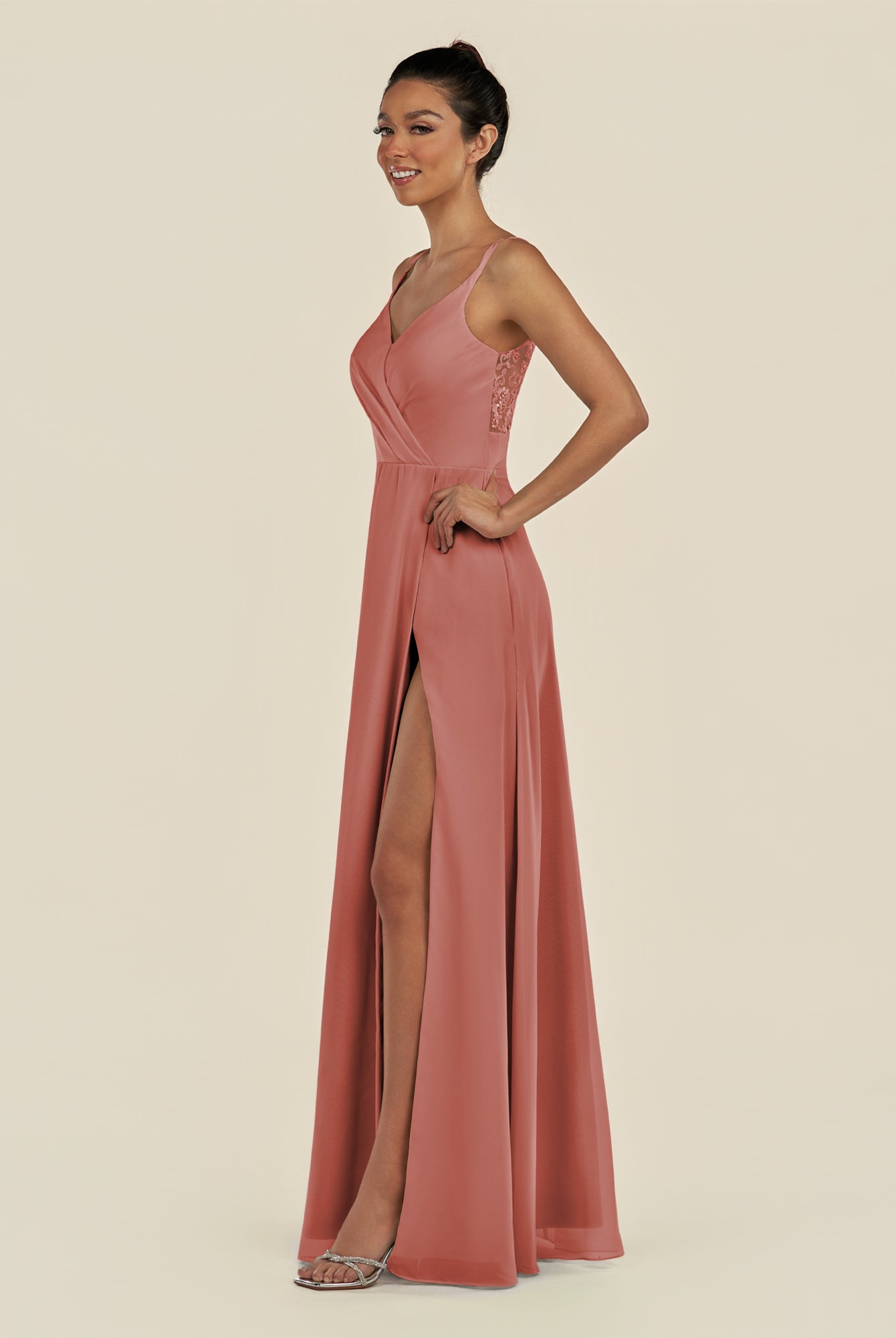 KissDress-Zyria Mulberry A Line Chiffon V Neck Ruched Long Bridesmaid Dress with Slit