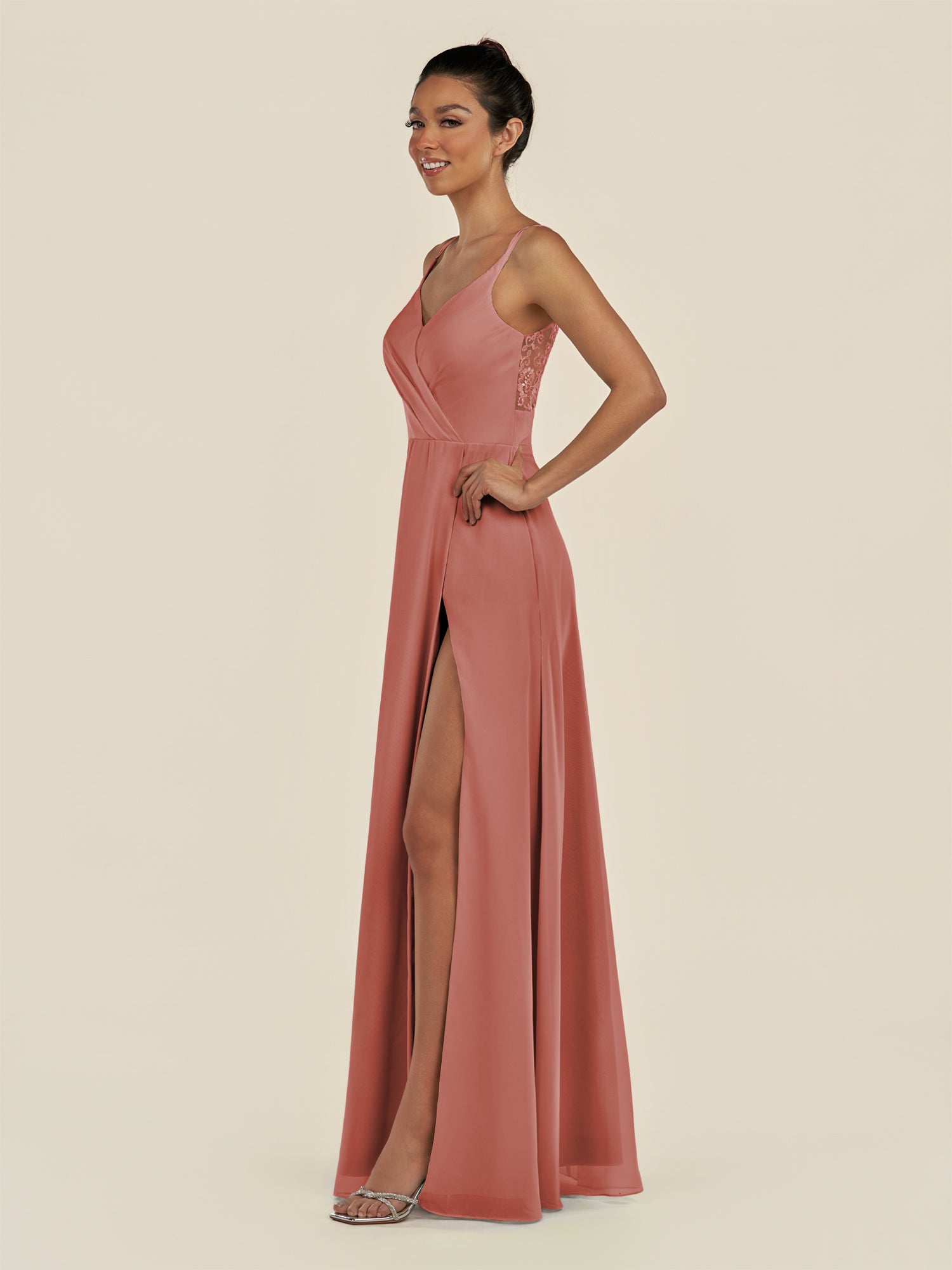 KissDress-Zyria Mulberry A Line Chiffon V Neck Ruched Long Bridesmaid Dress with Slit