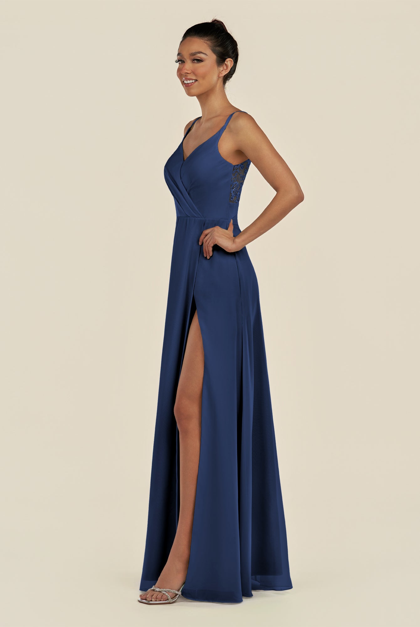 KissDress-Zyria Navy A Line Chiffon V Neck Ruched Long Bridesmaid Dress with Slit