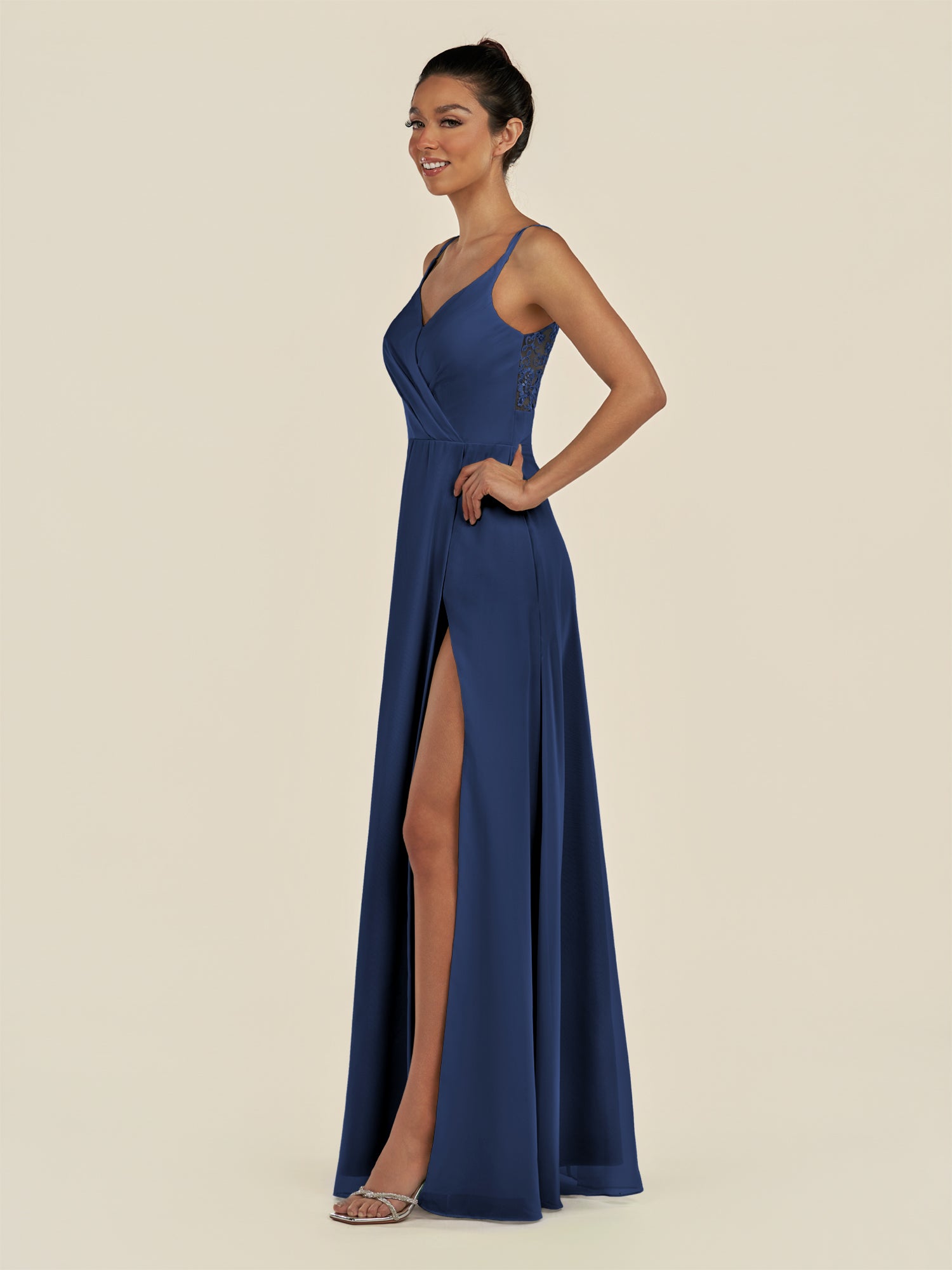 KissDress-Zyria Navy A Line Chiffon V Neck Ruched Long Bridesmaid Dress with Slit
