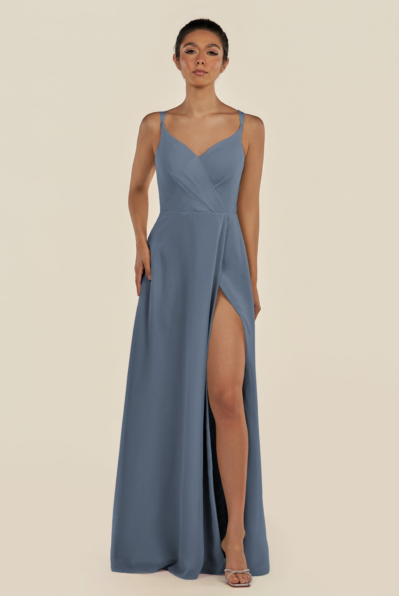 KissDress-Zyria Neptune A Line Chiffon V Neck Ruched Long Bridesmaid Dress with Slit