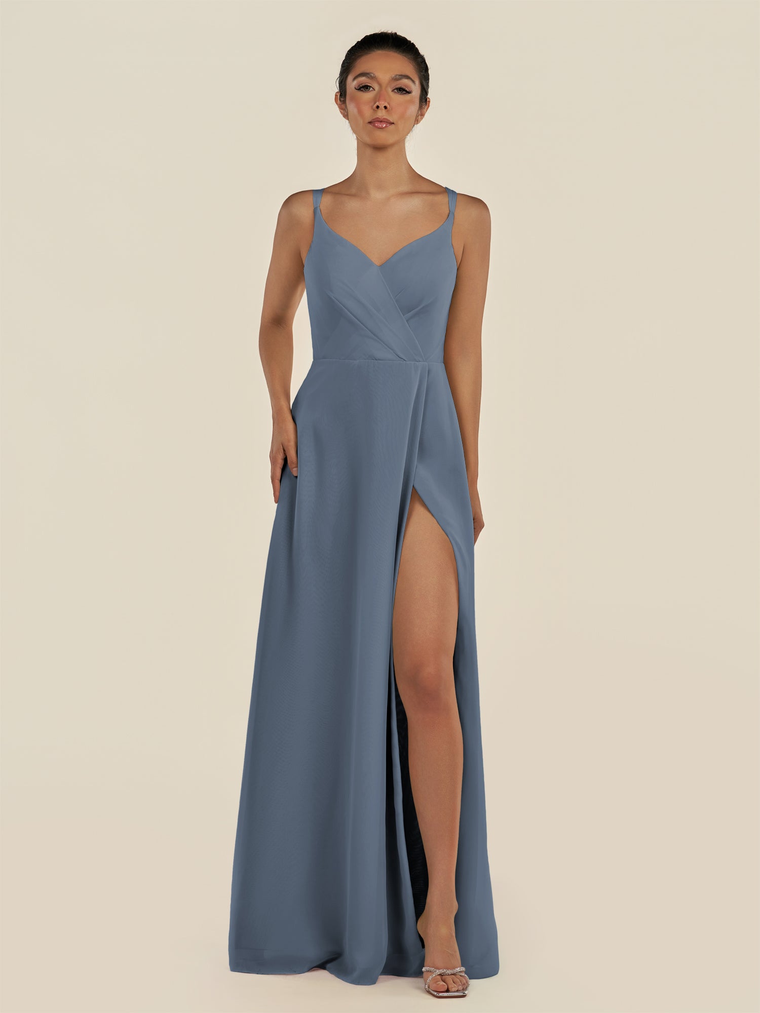KissDress-Zyria Neptune A Line Chiffon V Neck Ruched Long Bridesmaid Dress with Slit