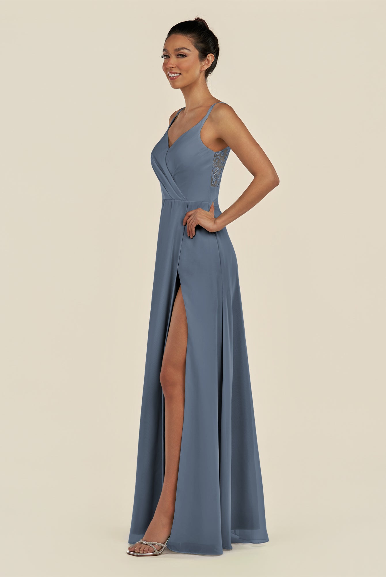 KissDress-Zyria Neptune A Line Chiffon V Neck Ruched Long Bridesmaid Dress with Slit