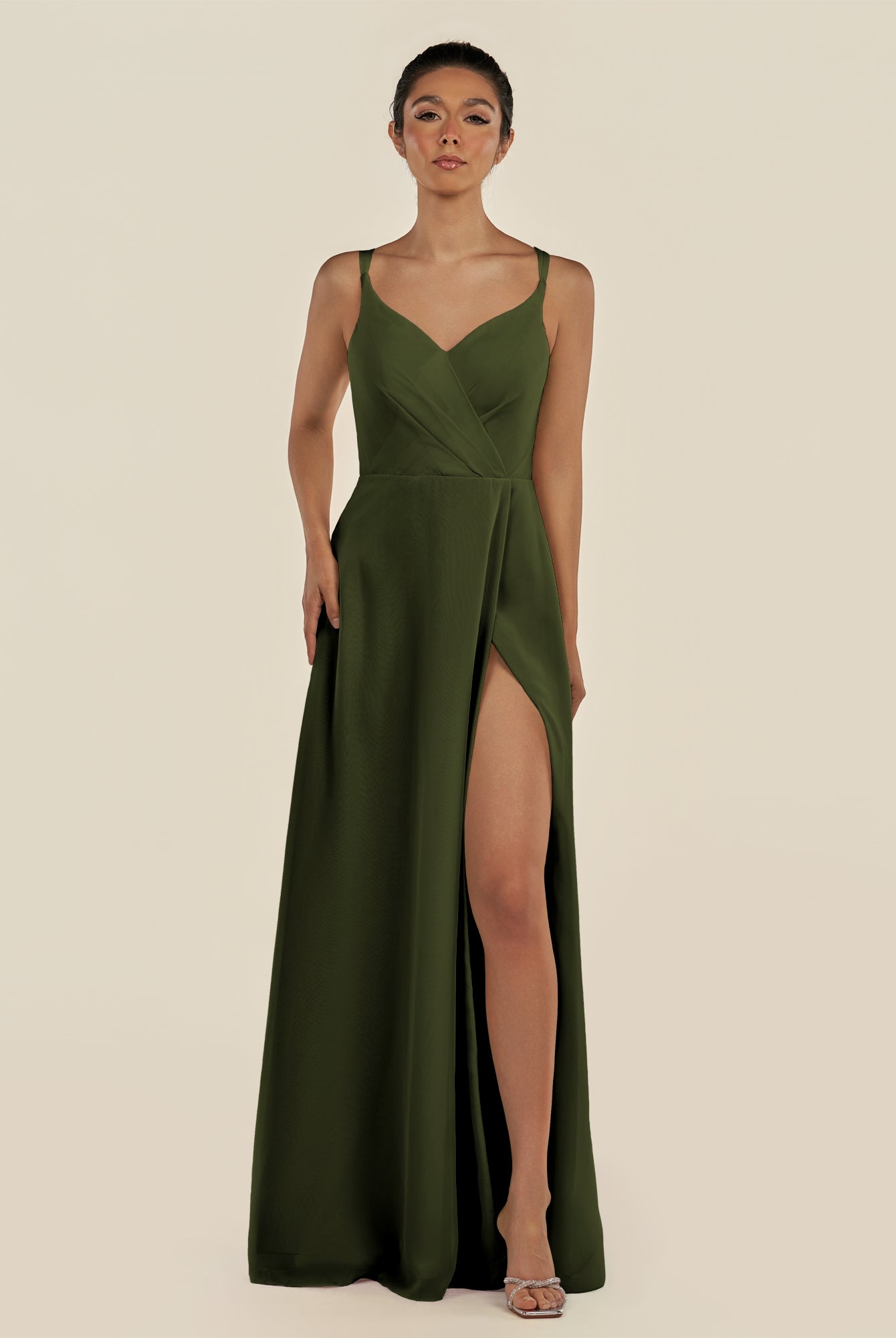 KissDress-Zyria Olive A Line Chiffon V Neck Ruched Long Bridesmaid Dress with Slit