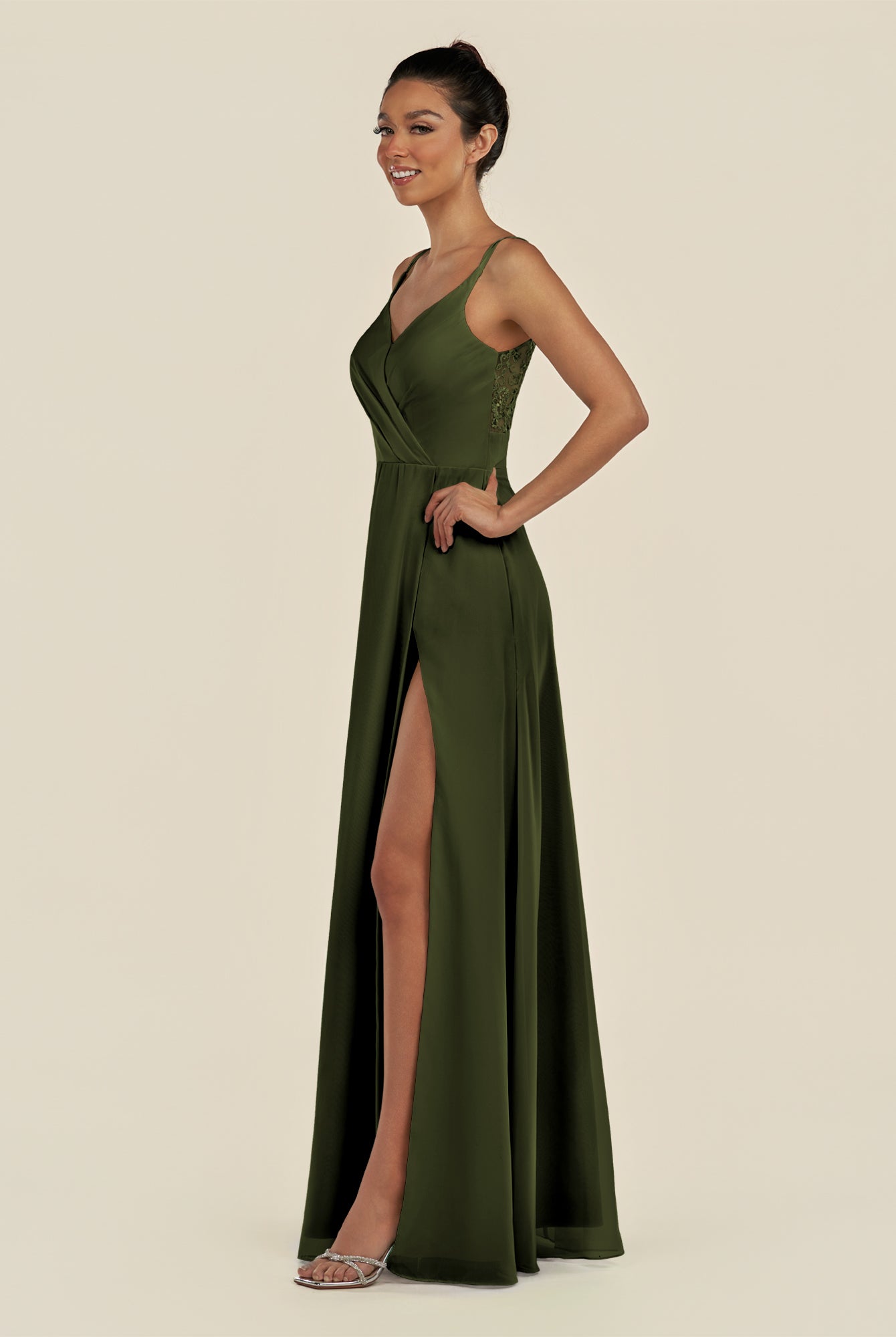 KissDress-Zyria Olive A Line Chiffon V Neck Ruched Long Bridesmaid Dress with Slit
