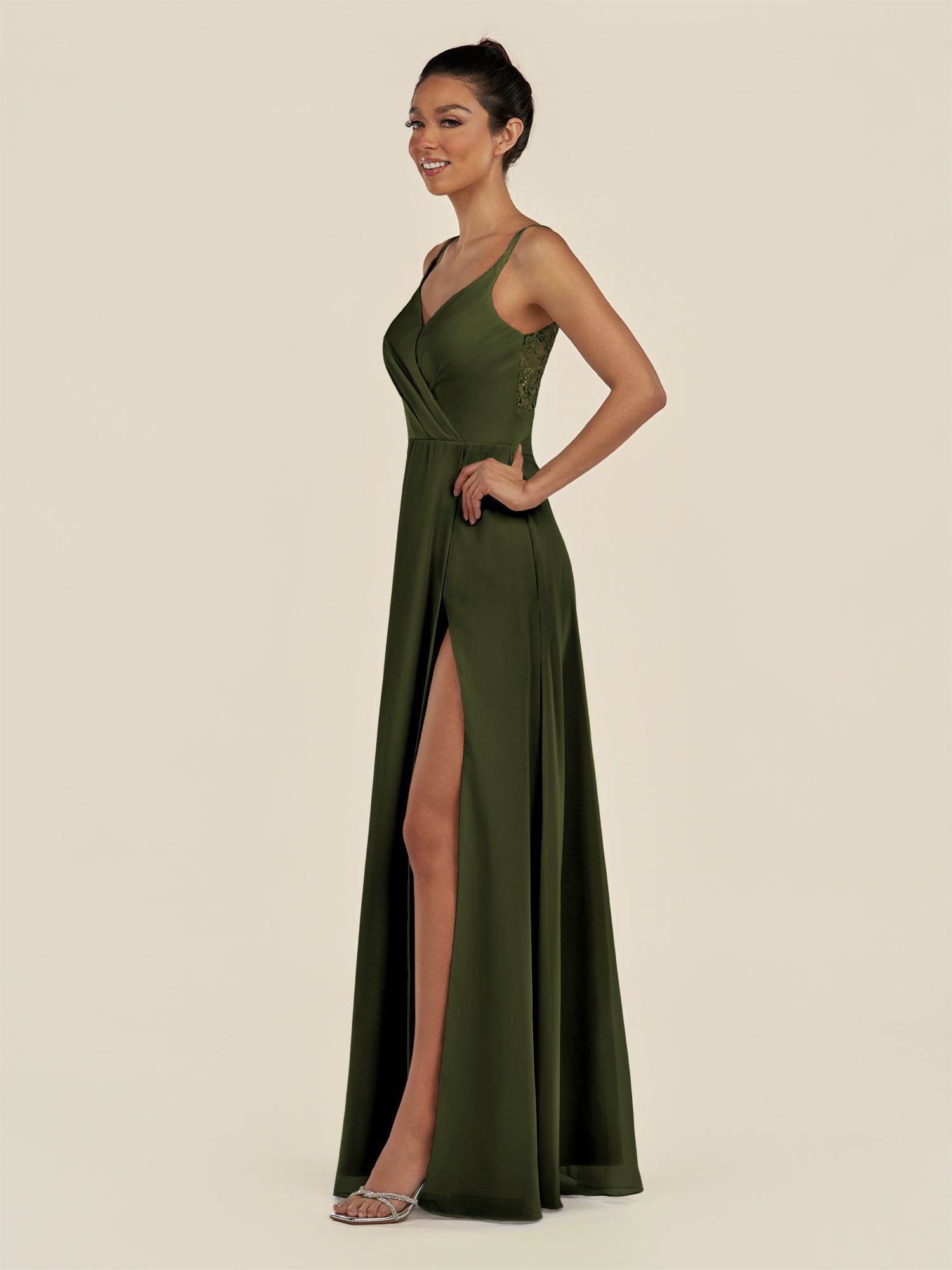 KissDress-Zyria Olive A Line Chiffon V Neck Ruched Long Bridesmaid Dress with Slit