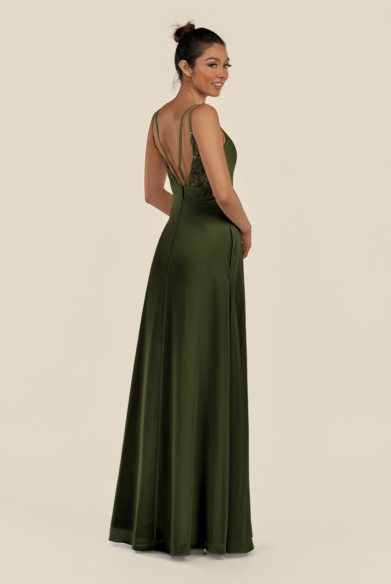 KissDress-Zyria Olive A Line Chiffon V Neck Ruched Long Bridesmaid Dress with Slit