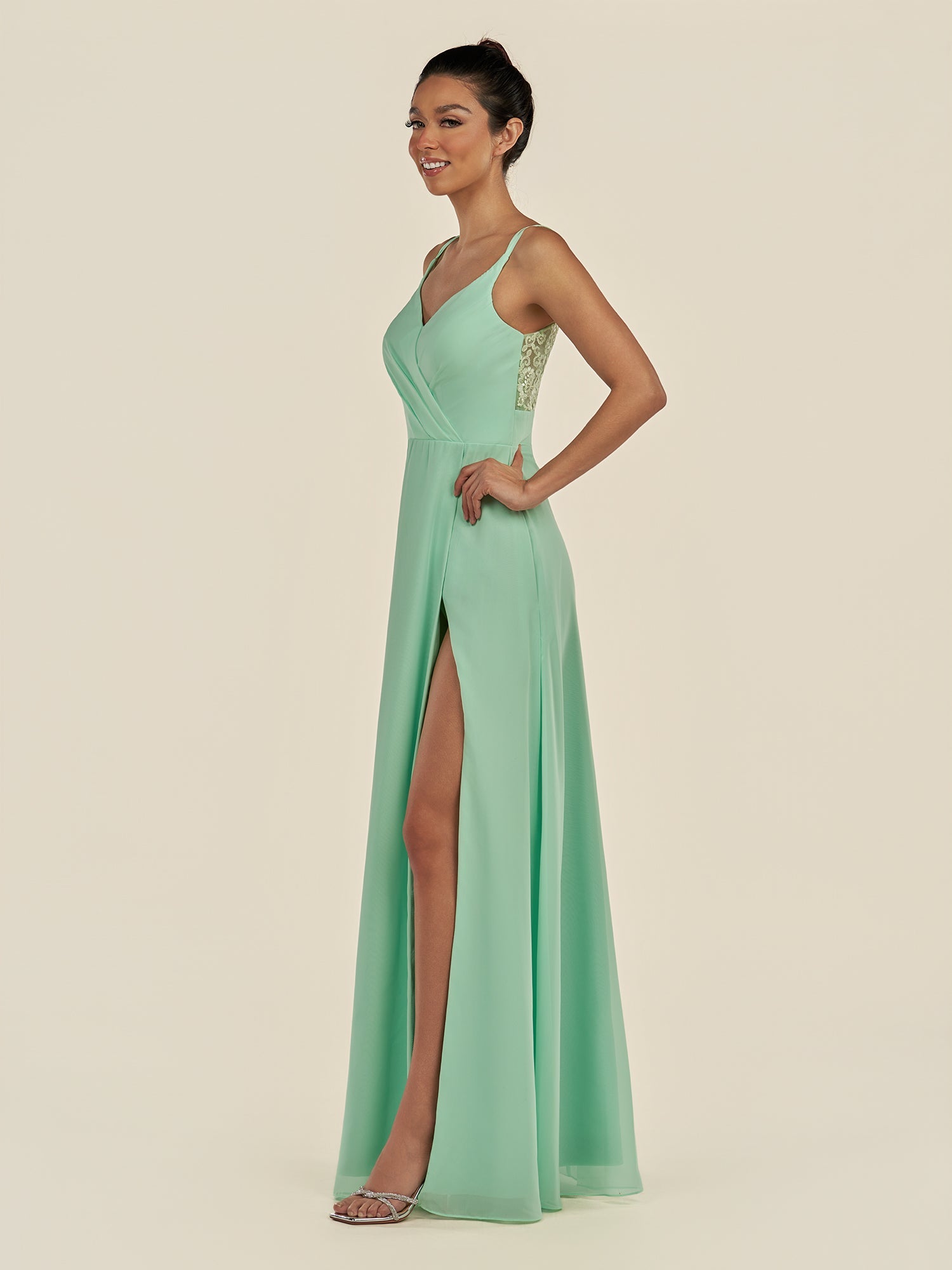 KissDress-Zyria Pale Pistachio A Line Chiffon V Neck Ruched Long Bridesmaid Dress with Slit