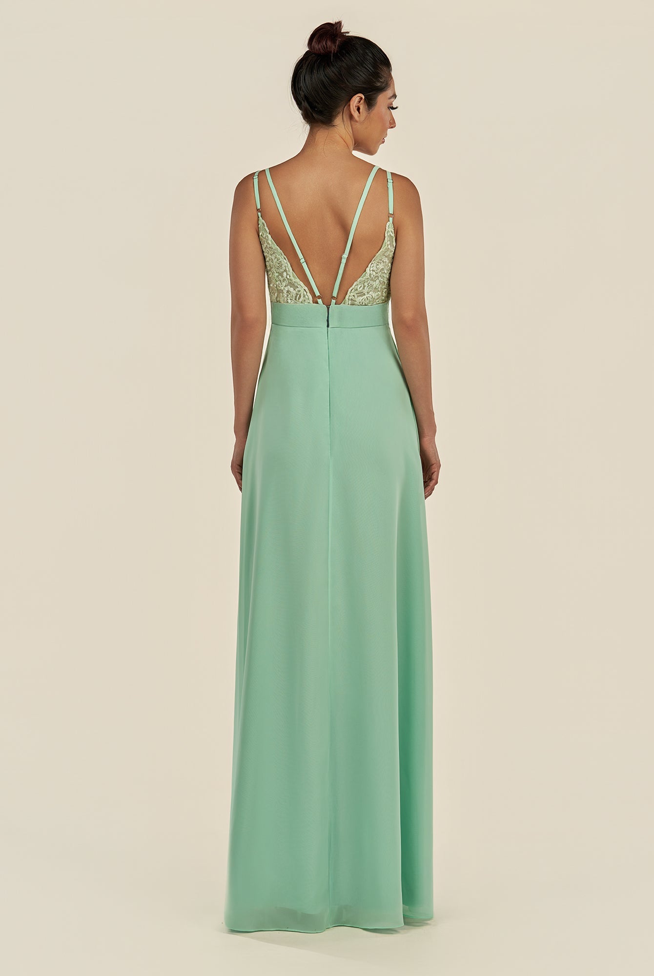 KissDress-Zyria Pale Pistachio A Line Chiffon V Neck Ruched Long Bridesmaid Dress with Slit
