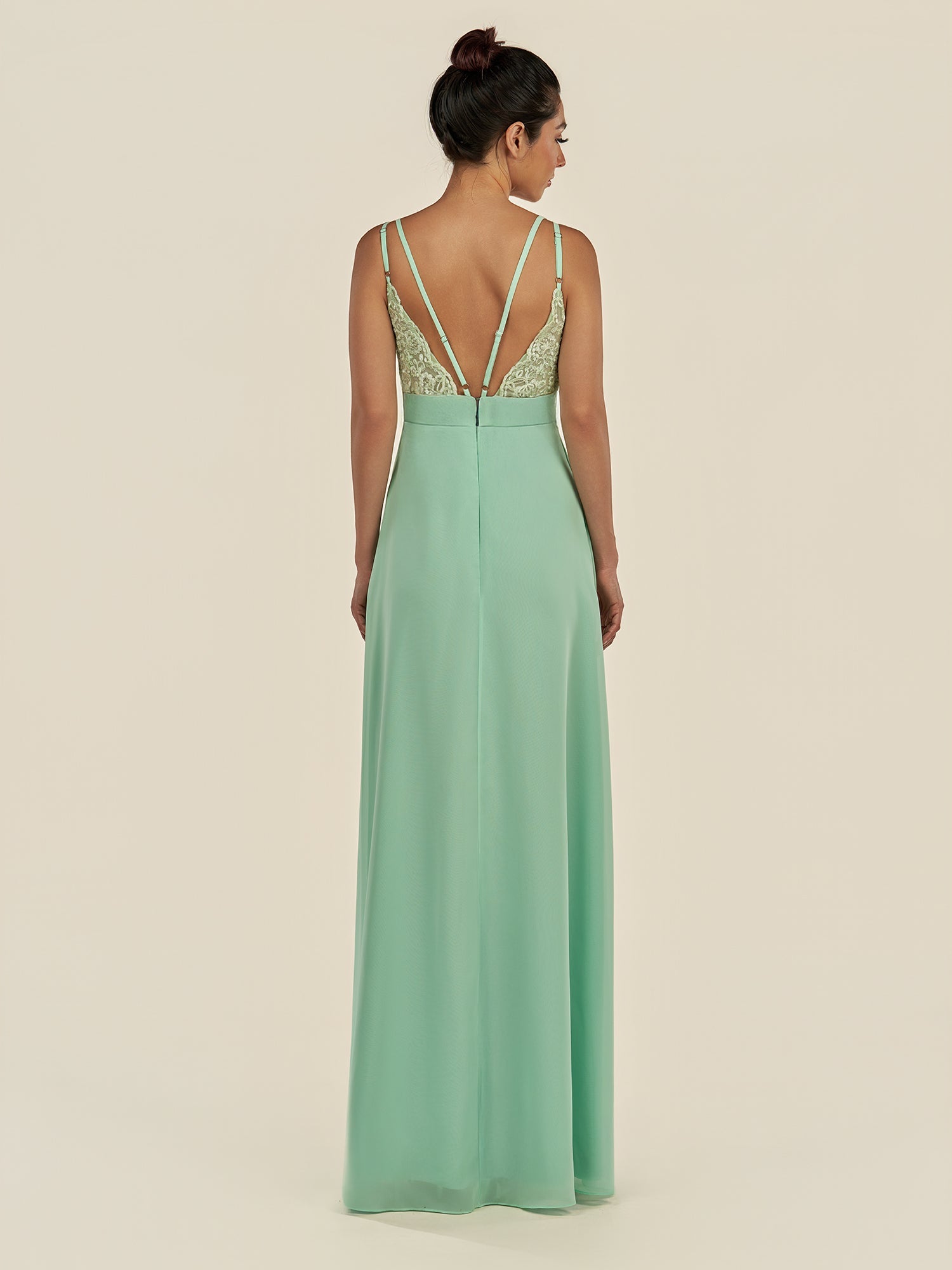 KissDress-Zyria Pale Pistachio A Line Chiffon V Neck Ruched Long Bridesmaid Dress with Slit