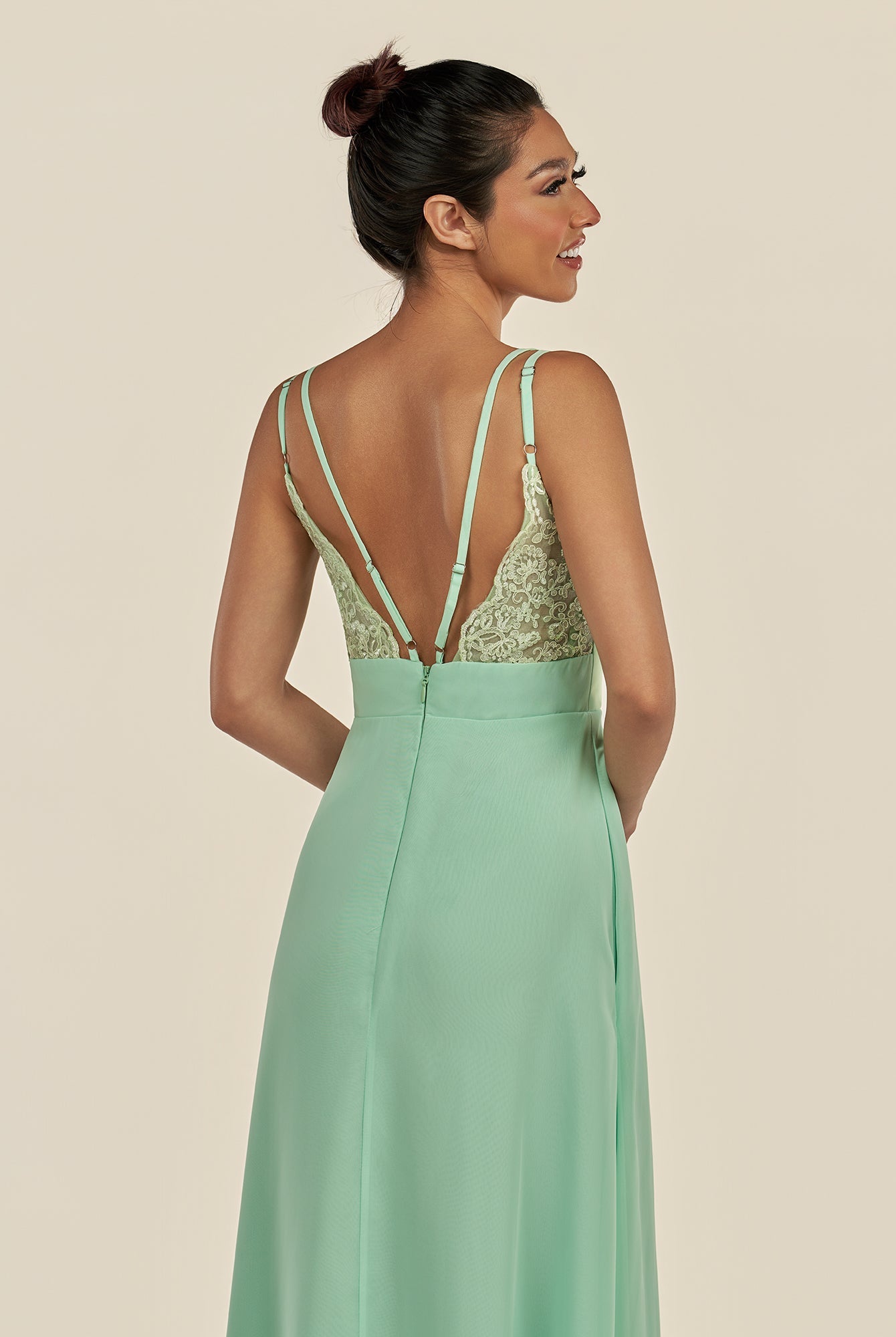 KissDress-Zyria Pale Pistachio A Line Chiffon V Neck Ruched Long Bridesmaid Dress with Slit