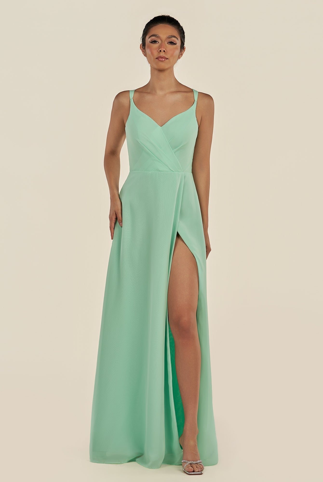 KissDress-Zyria Pale Pistachio A Line Chiffon V Neck Ruched Long Bridesmaid Dress with Slit