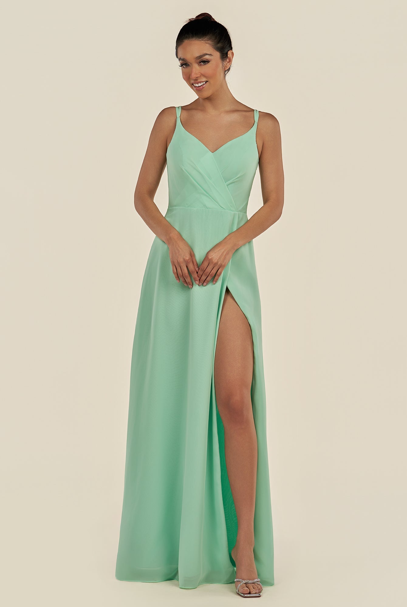 KissDress-Zyria Pale Pistachio A Line Chiffon V Neck Ruched Long Bridesmaid Dress with Slit