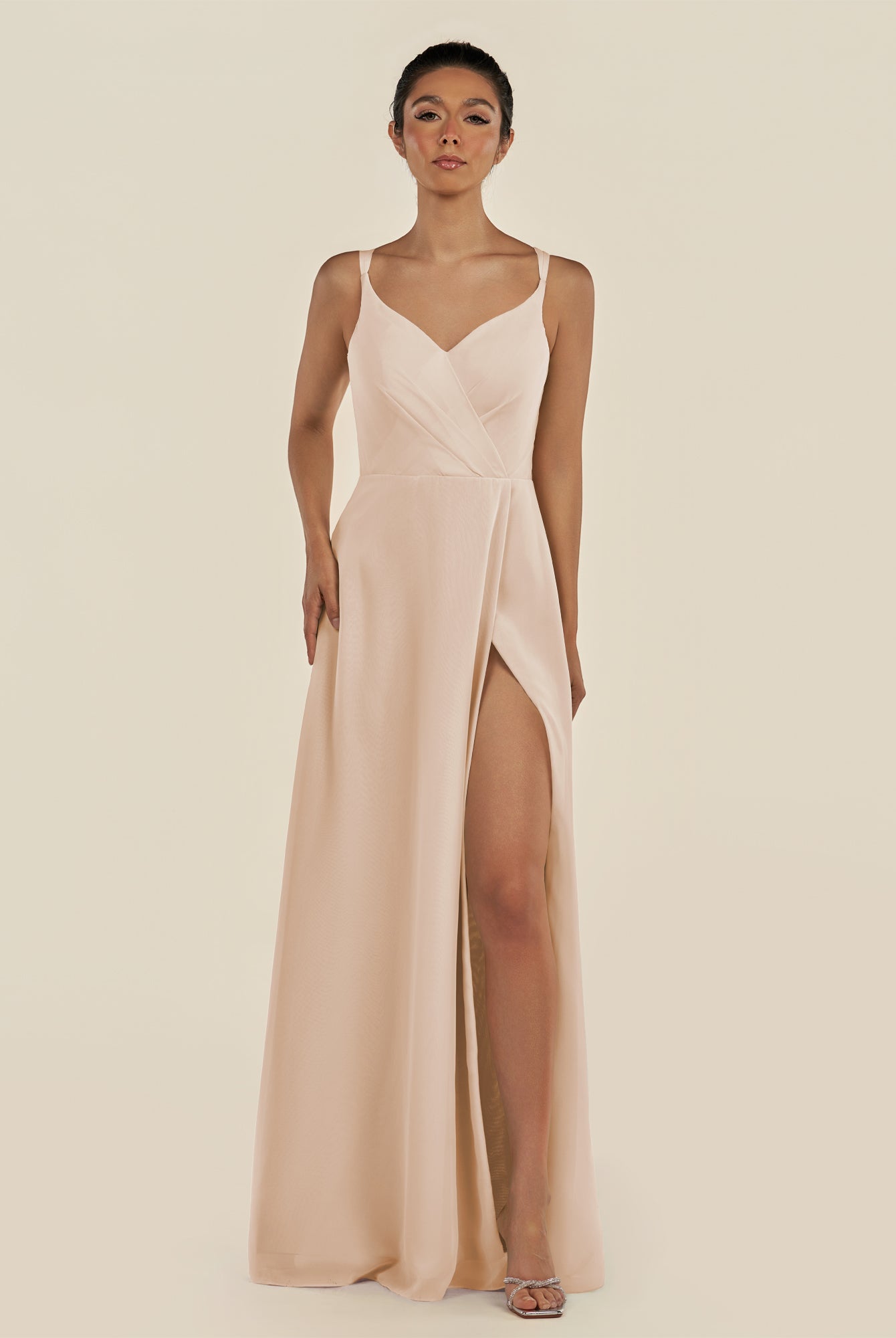 KissDress-Zyria Pale Blush A Line Chiffon V Neck Ruched Long Bridesmaid Dress with Slit