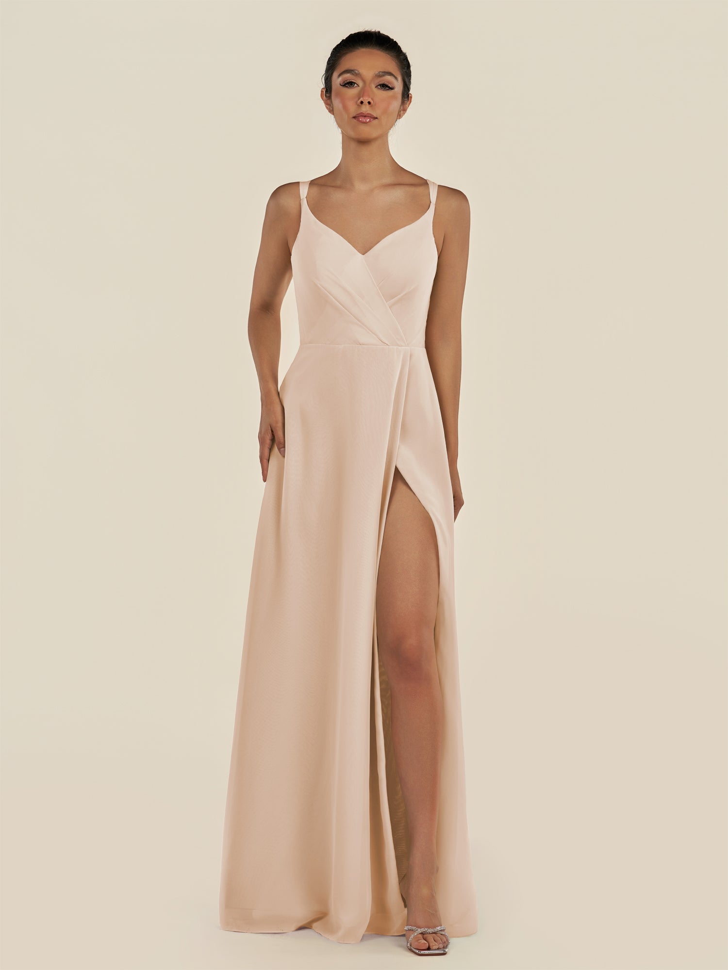KissDress-Zyria Pale Blush A Line Chiffon V Neck Ruched Long Bridesmaid Dress with Slit