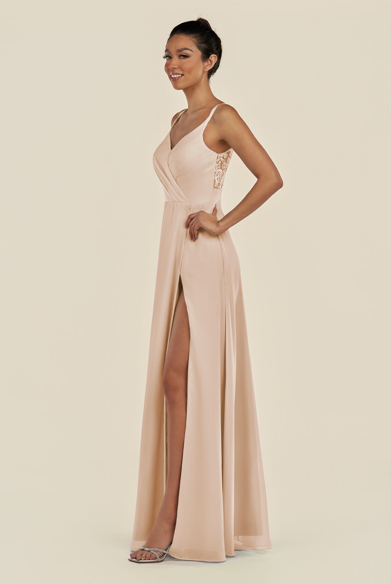 KissDress-Zyria Pale Blush A Line Chiffon V Neck Ruched Long Bridesmaid Dress with Slit