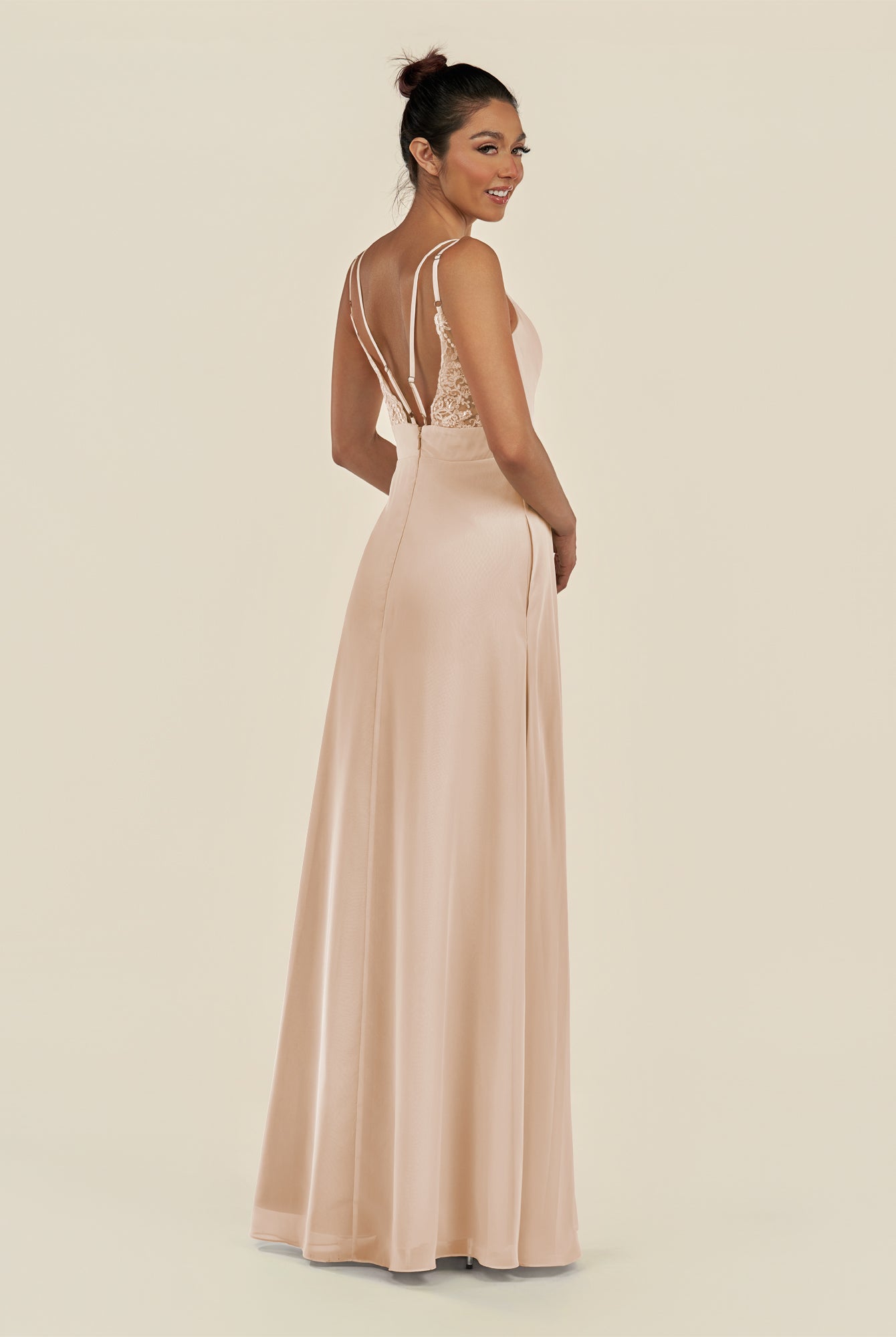 KissDress-Zyria Pale Blush A Line Chiffon V Neck Ruched Long Bridesmaid Dress with Slit