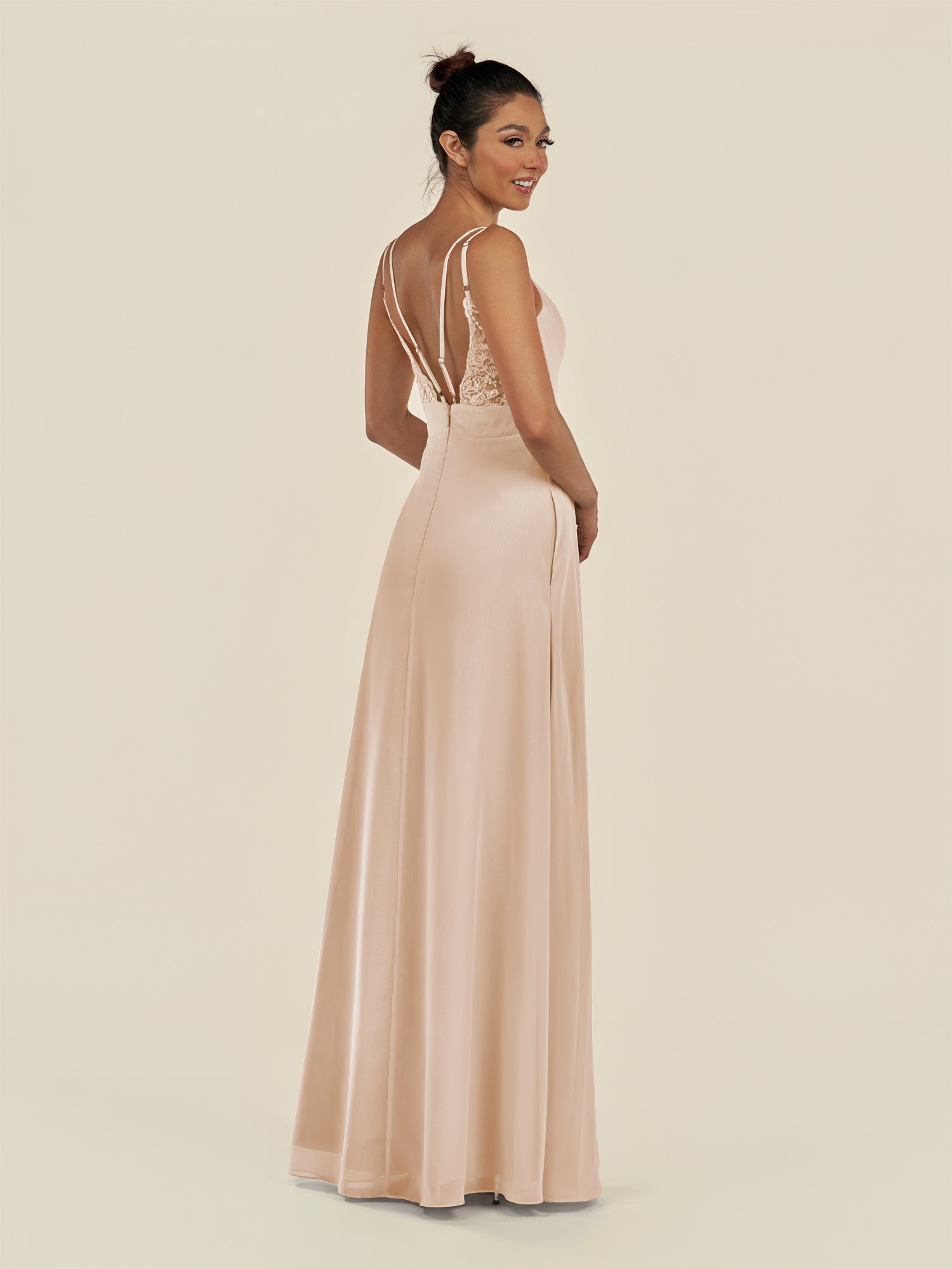 KissDress-Zyria Pale Blush A Line Chiffon V Neck Ruched Long Bridesmaid Dress with Slit