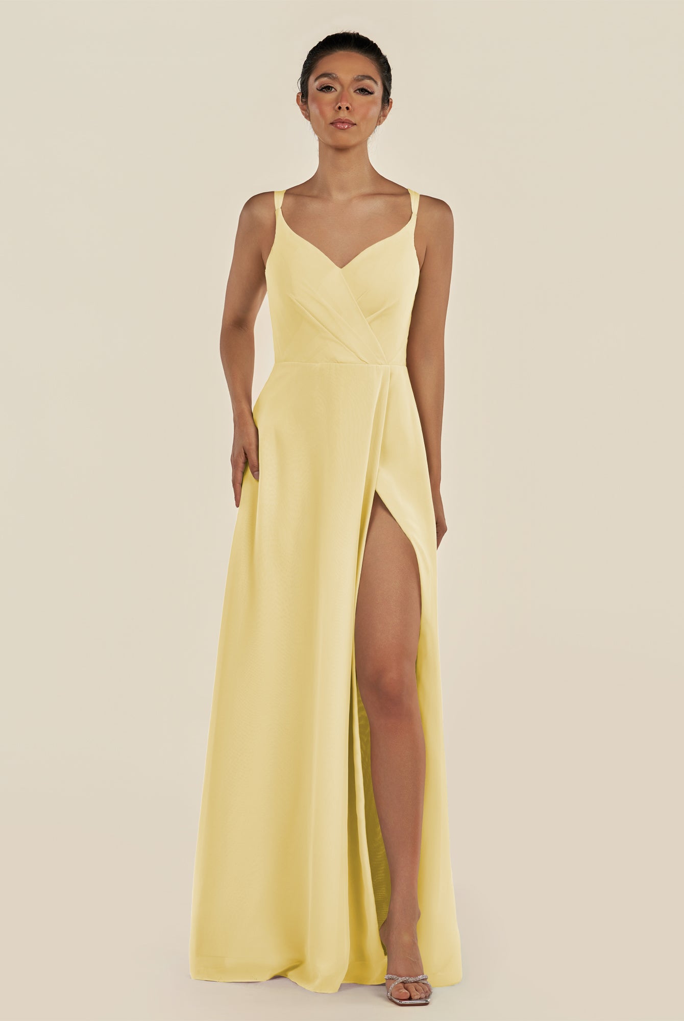 KissDress-Zyria Pastel Yellow A Line Chiffon V Neck Ruched Long Bridesmaid Dress with Slit