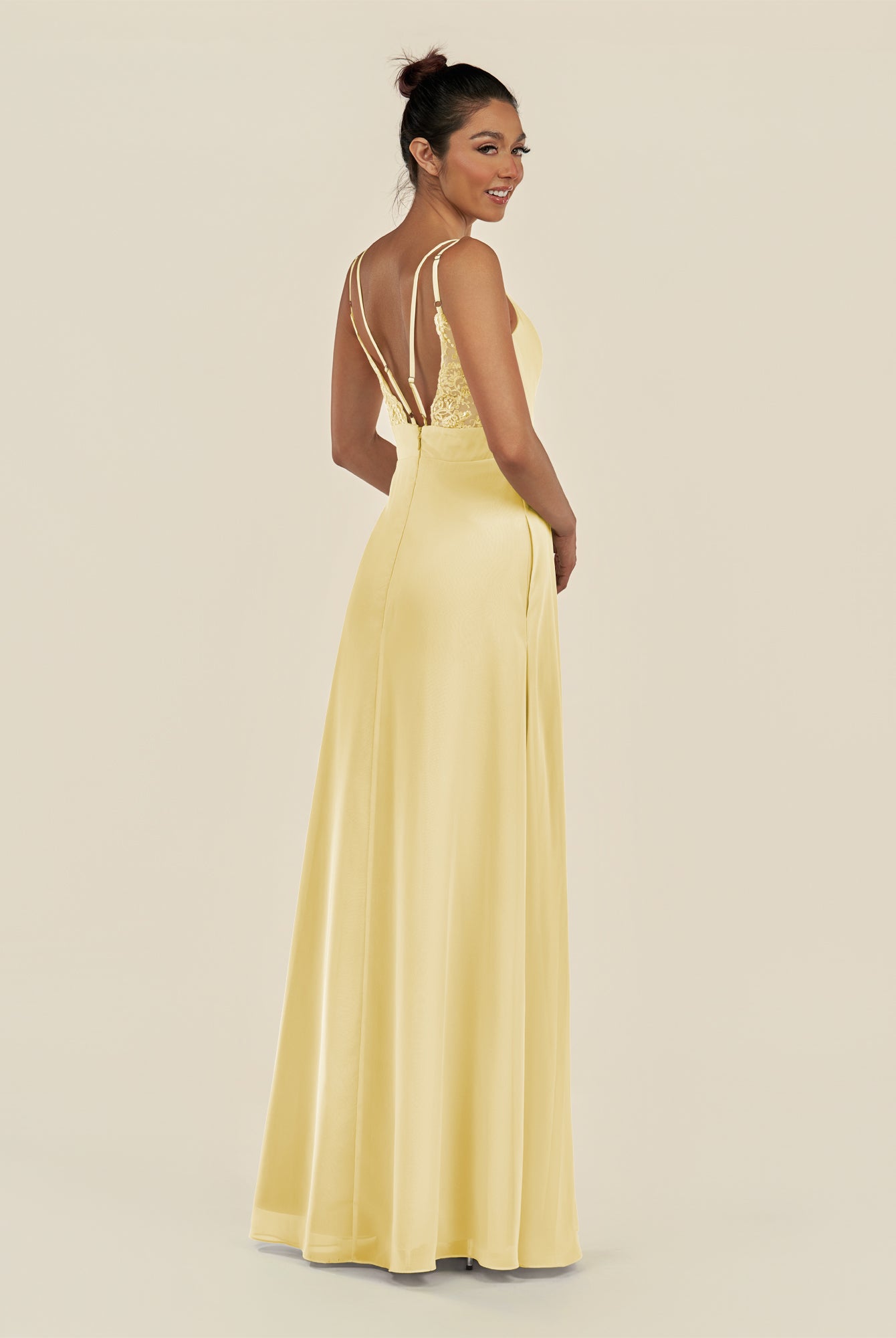 KissDress-Zyria Pastel Yellow A Line Chiffon V Neck Ruched Long Bridesmaid Dress with Slit
