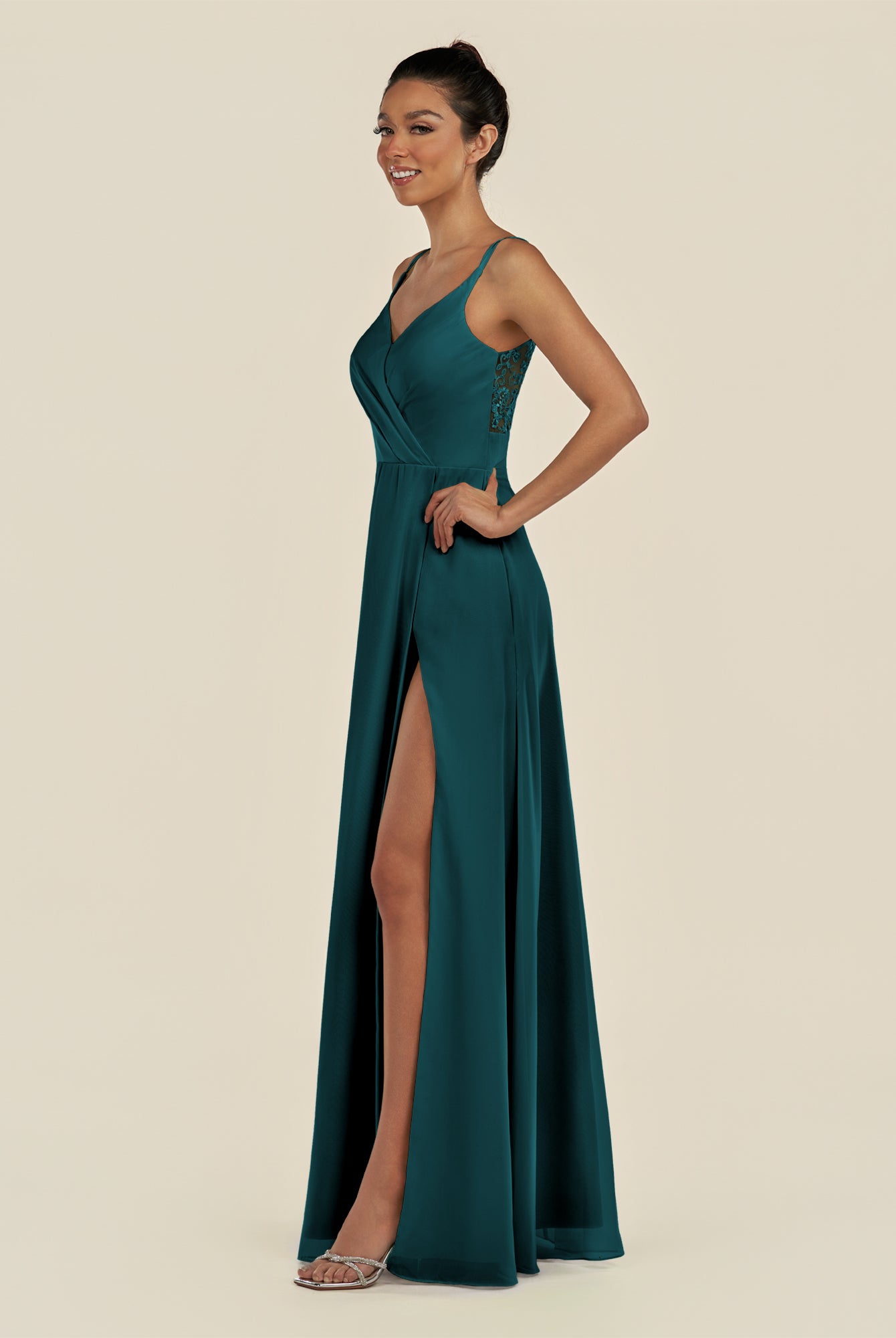KissDress-Zyria Pine A Line Chiffon V Neck Ruched Long Bridesmaid Dress with Slit