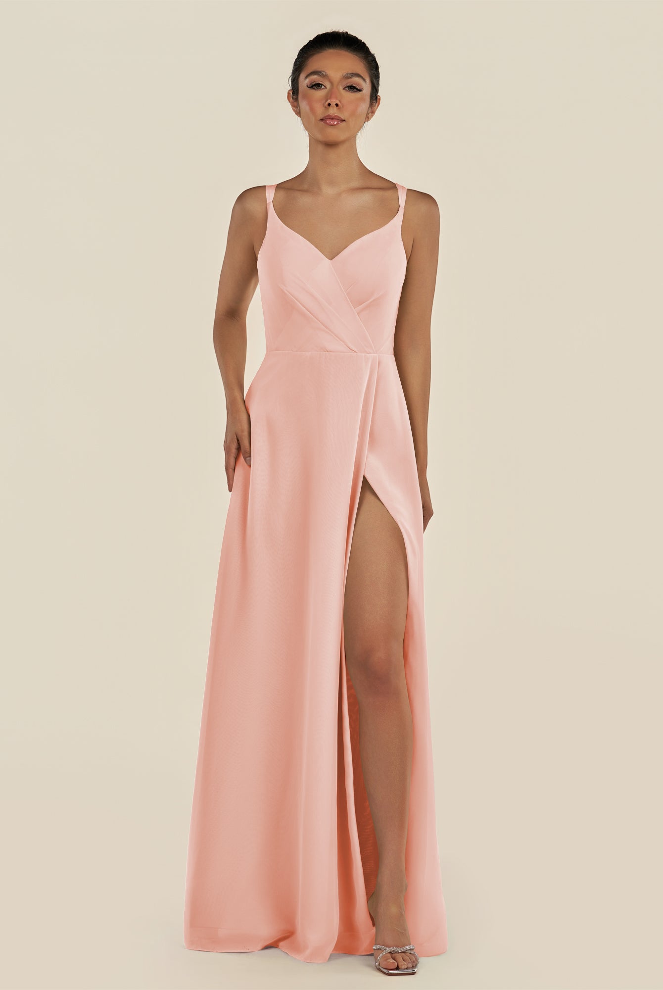 KissDress-Zyria Rose Petal A Line Chiffon V Neck Ruched Long Bridesmaid Dress with Slit