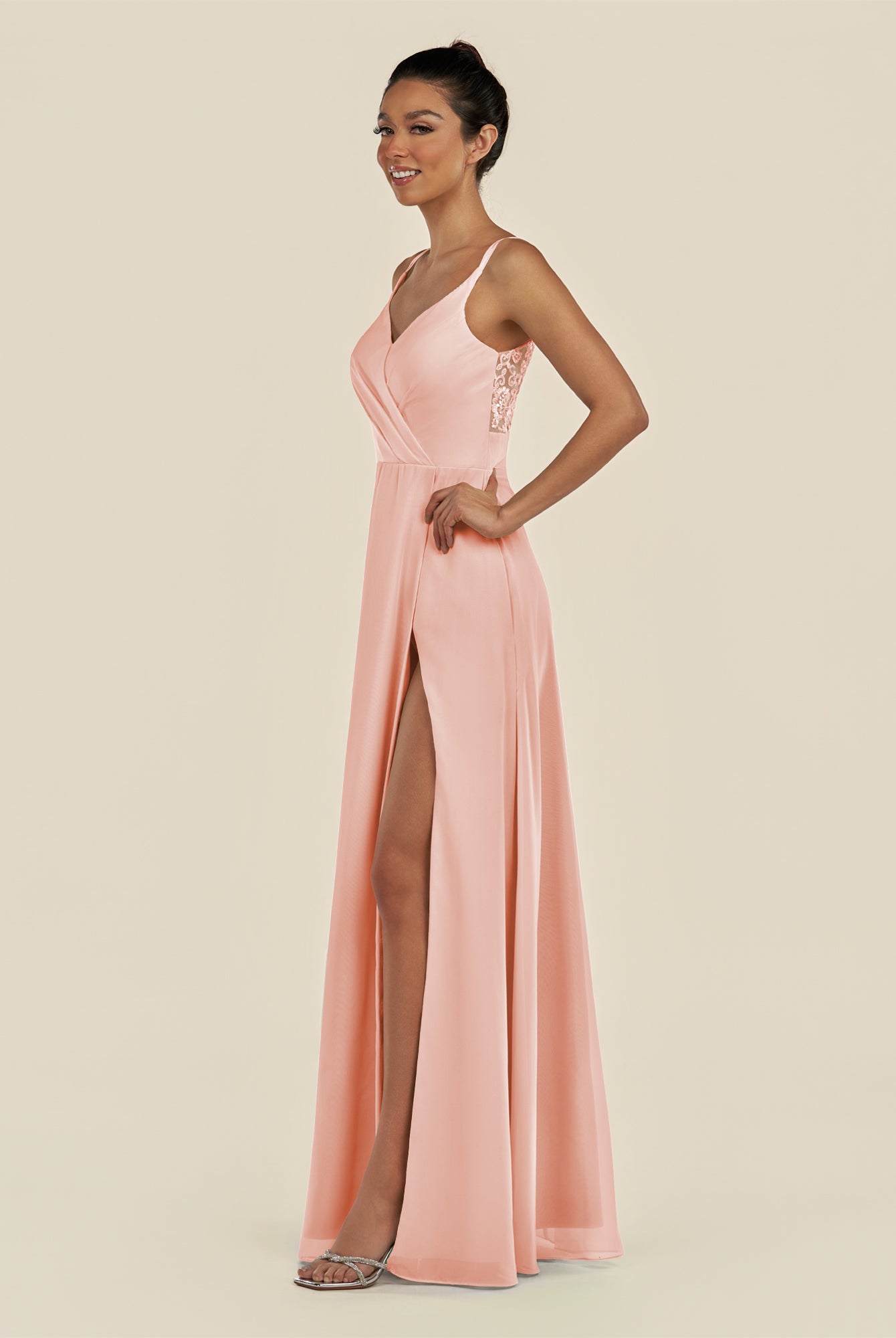KissDress-Zyria Rose Petal A Line Chiffon V Neck Ruched Long Bridesmaid Dress with Slit