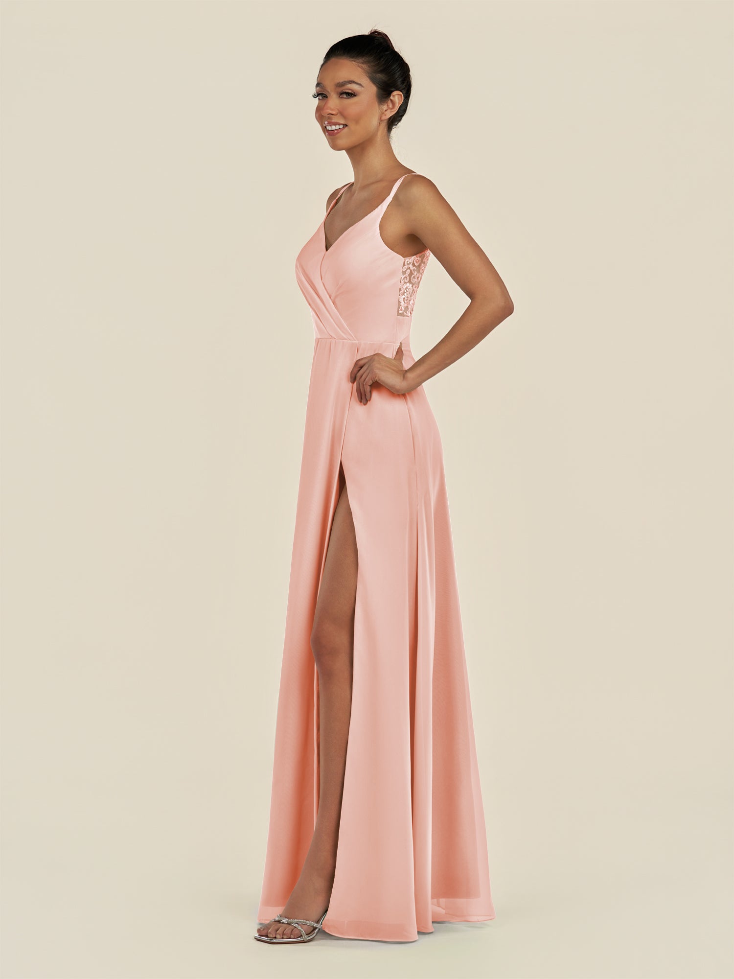 KissDress-Zyria Rose Petal A Line Chiffon V Neck Ruched Long Bridesmaid Dress with Slit