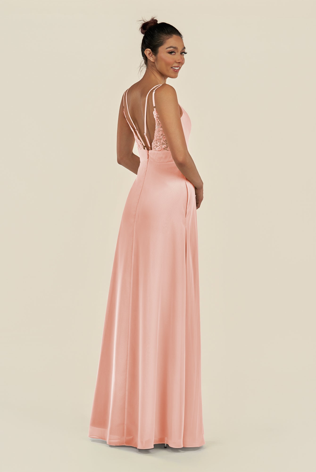 KissDress-Zyria Rose Petal A Line Chiffon V Neck Ruched Long Bridesmaid Dress with Slit