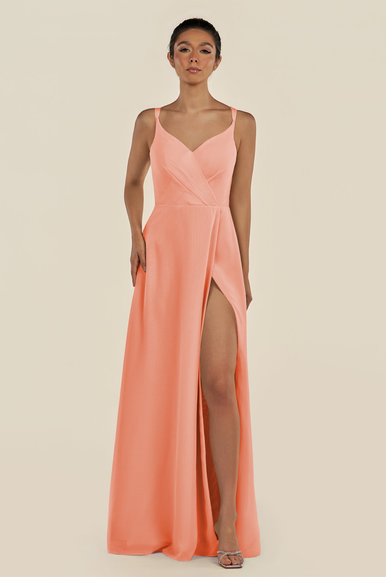 KissDress-Zyria Rosette A Line Chiffon V Neck Ruched Long Bridesmaid Dress with Slit