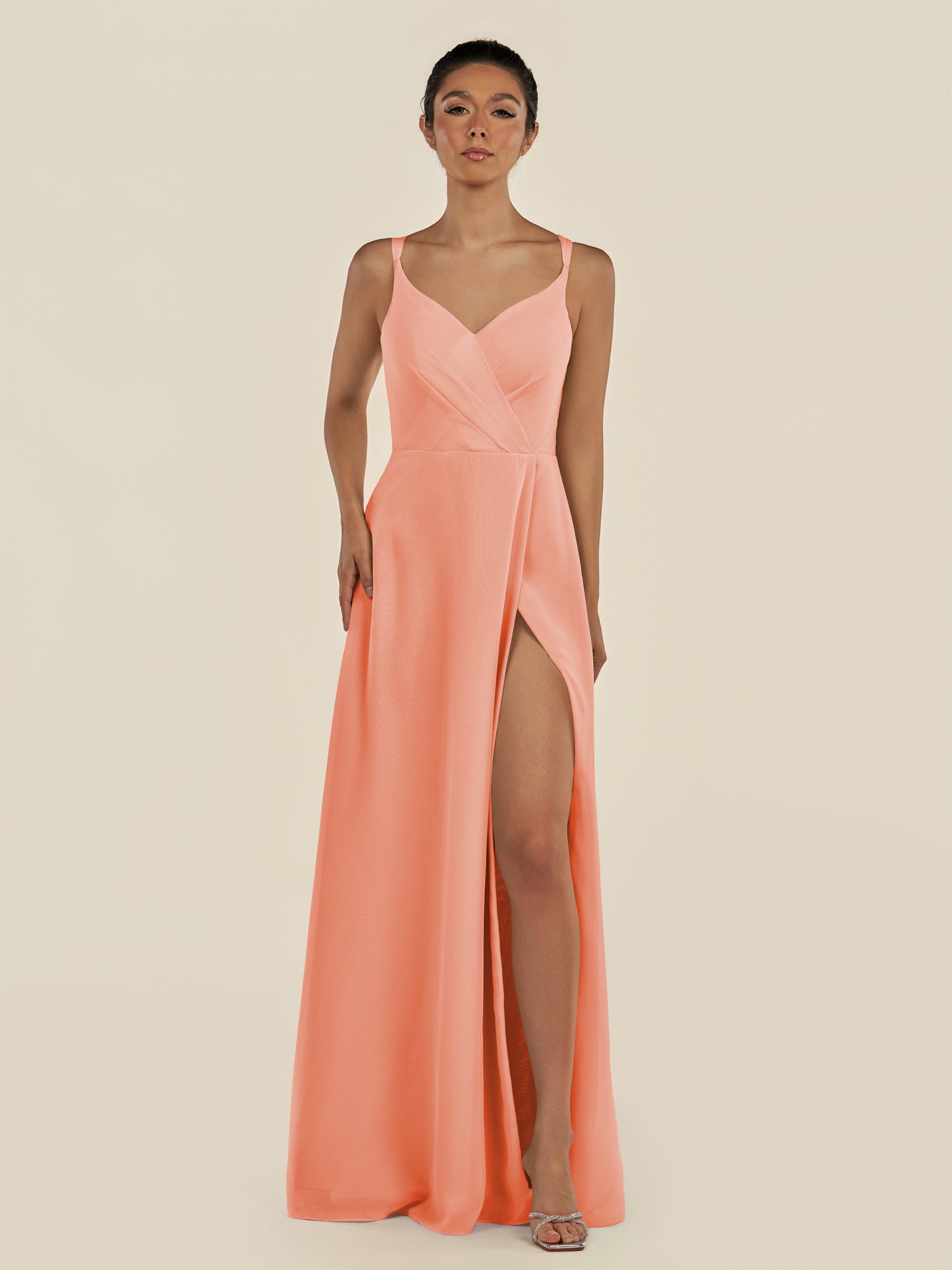 KissDress-Zyria Rosette A Line Chiffon V Neck Ruched Long Bridesmaid Dress with Slit