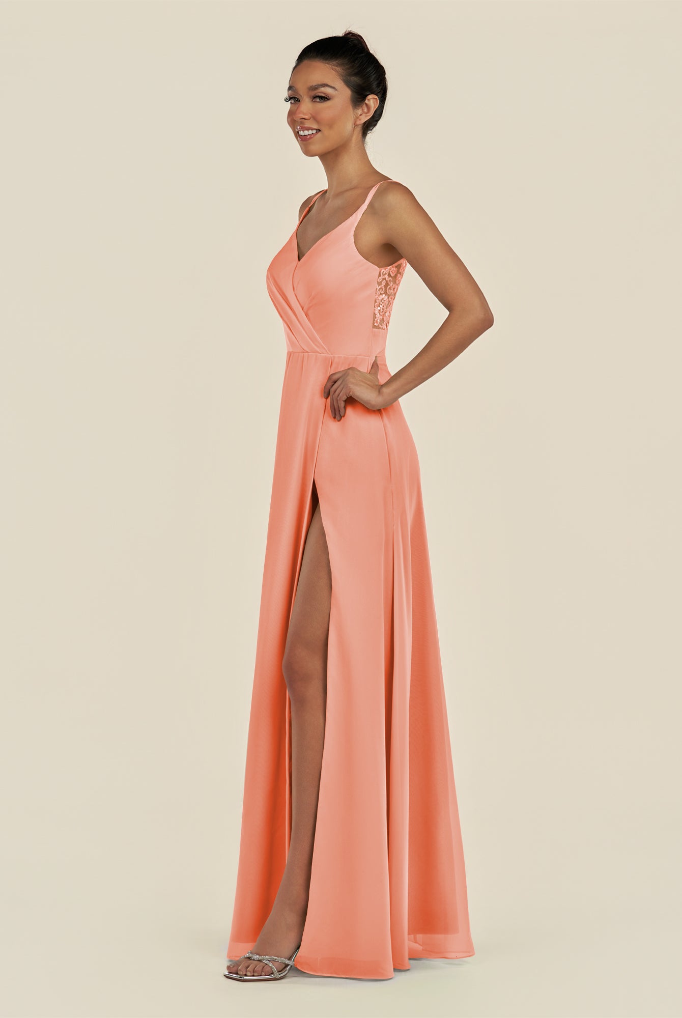 KissDress-Zyria Rosette A Line Chiffon V Neck Ruched Long Bridesmaid Dress with Slit