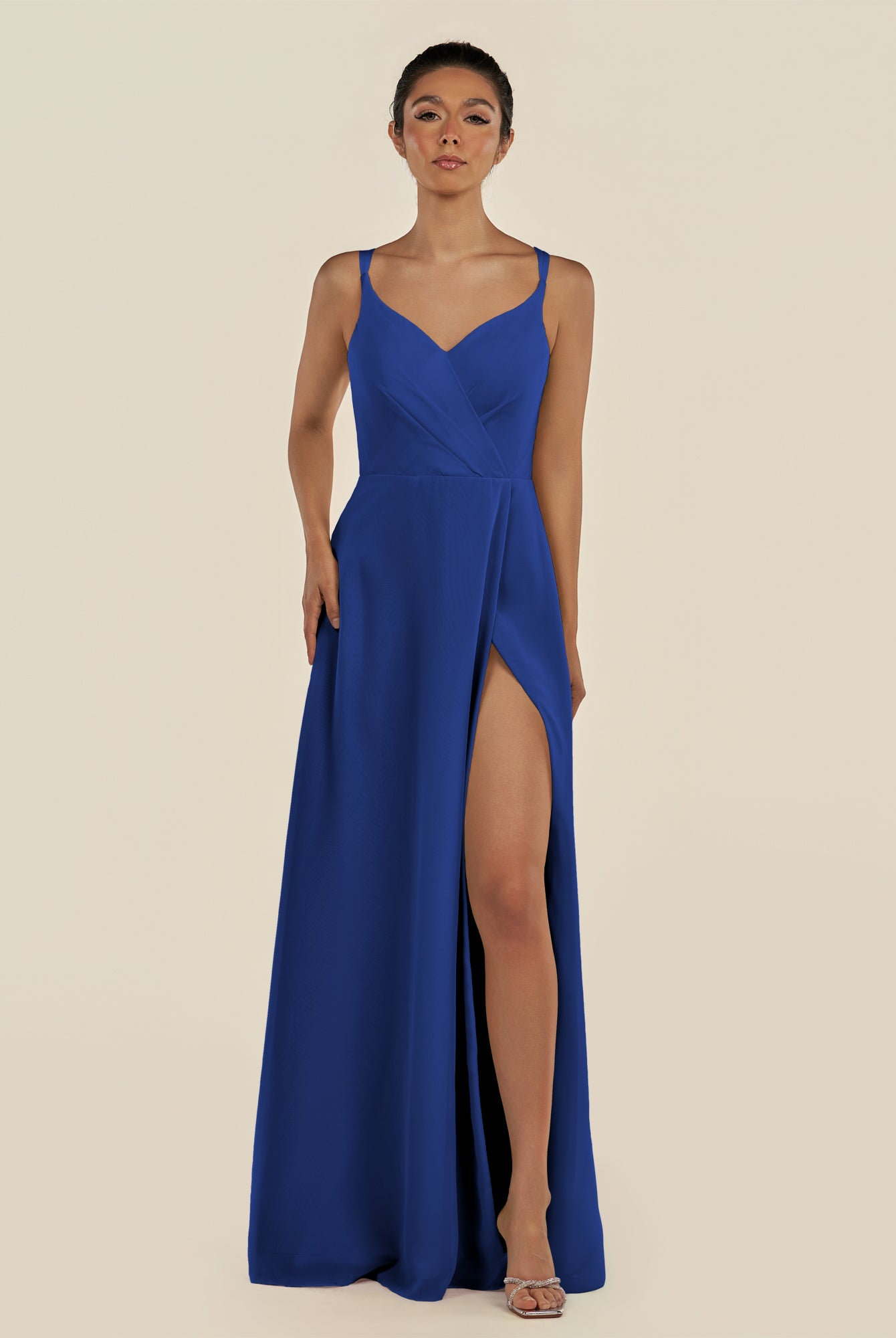 KissDress-Zyria Royal Blue A Line Chiffon V Neck Ruched Long Bridesmaid Dress with Slit