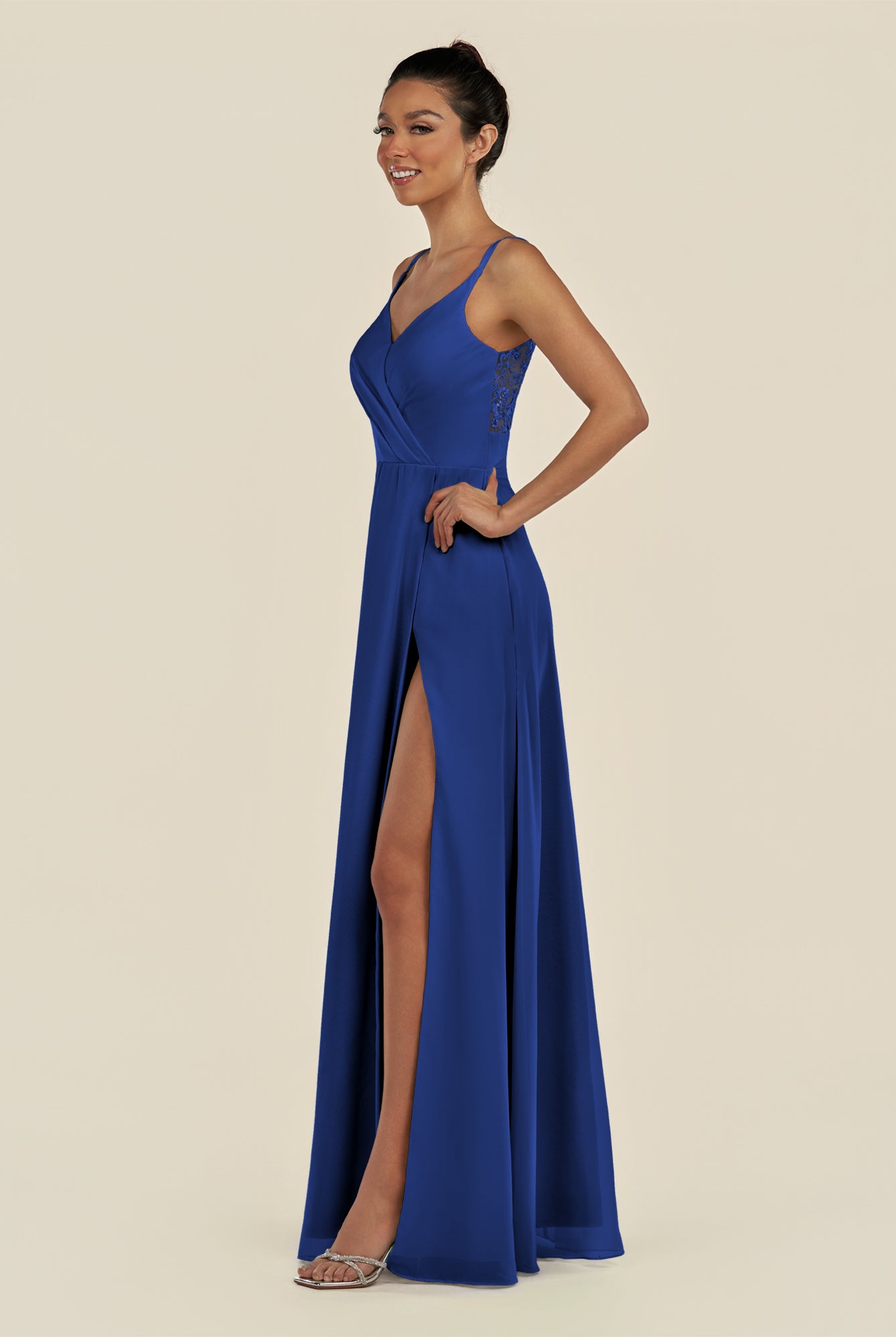 KissDress-Zyria Royal Blue A Line Chiffon V Neck Ruched Long Bridesmaid Dress with Slit