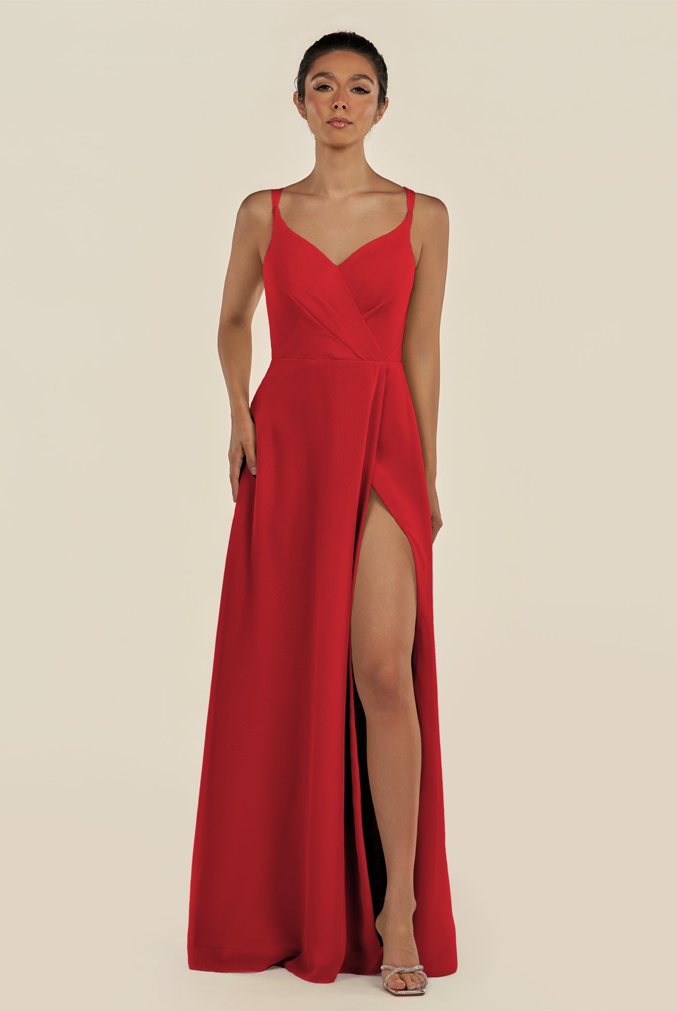 KissDress-Zyria Ruby Red A Line Chiffon V Neck Ruched Long Bridesmaid Dress with Slit