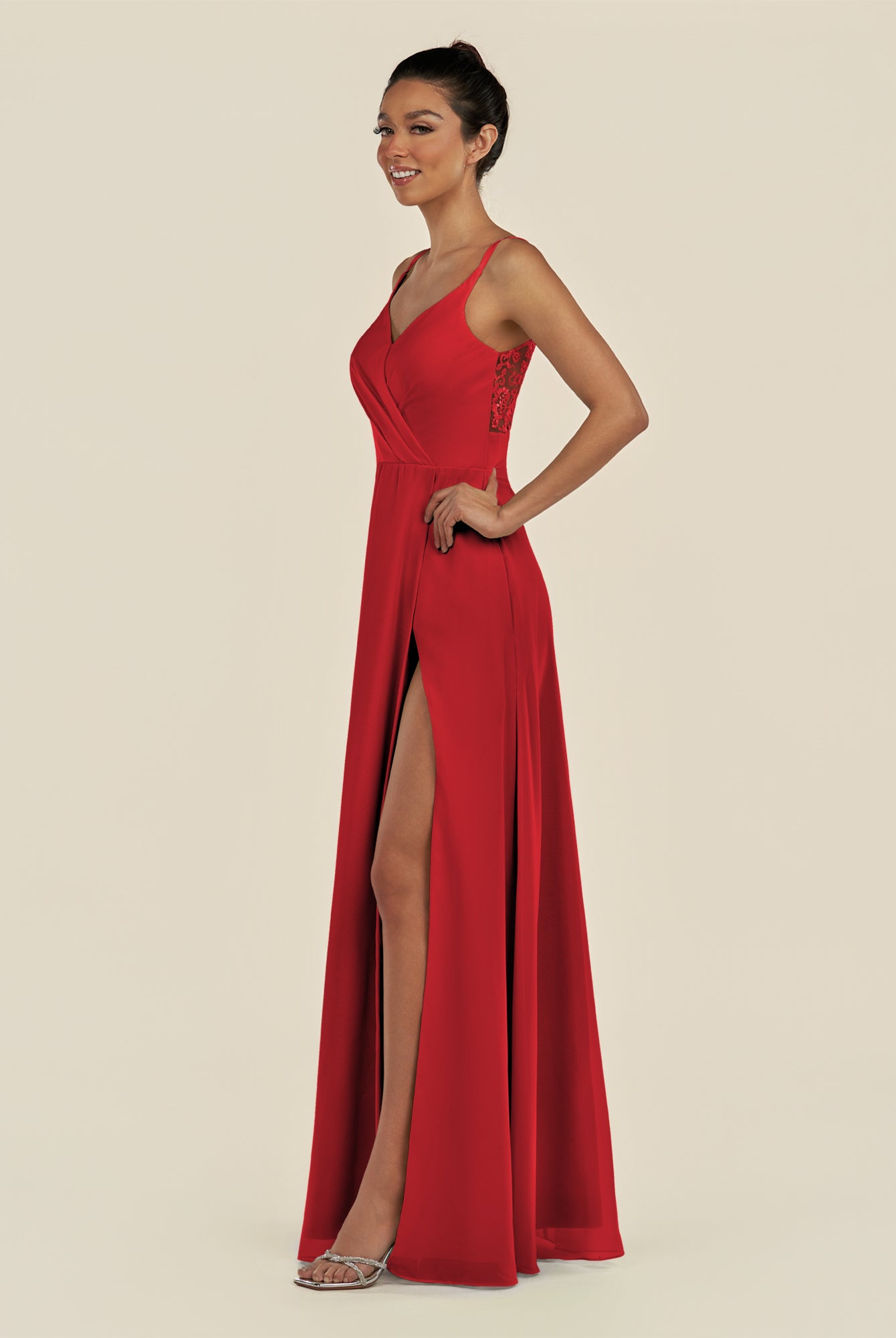 KissDress-Zyria Ruby Red A Line Chiffon V Neck Ruched Long Bridesmaid Dress with Slit