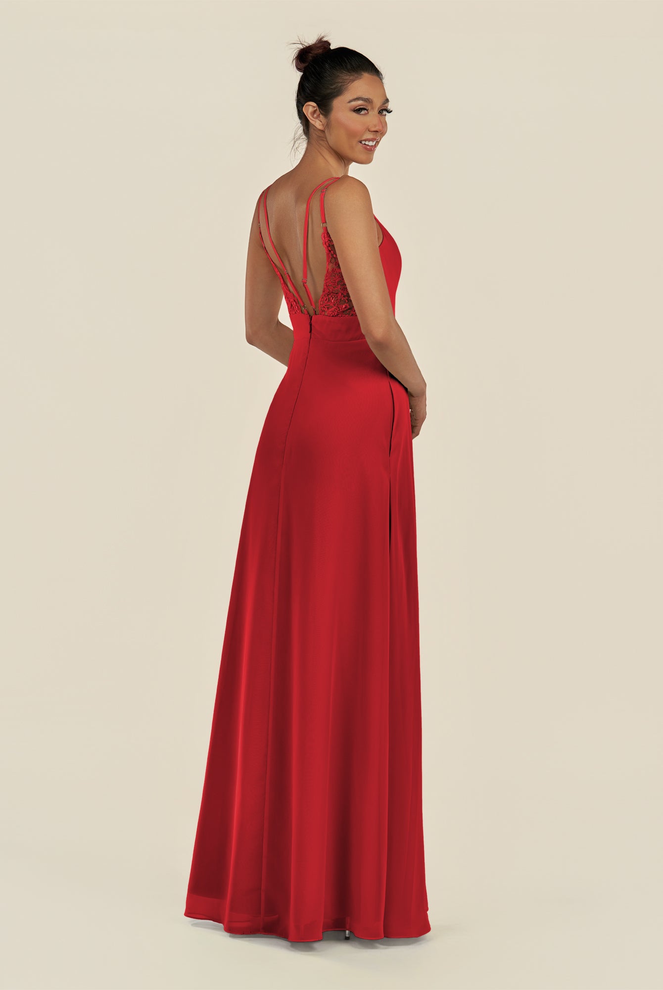 KissDress-Zyria Ruby Red A Line Chiffon V Neck Ruched Long Bridesmaid Dress with Slit