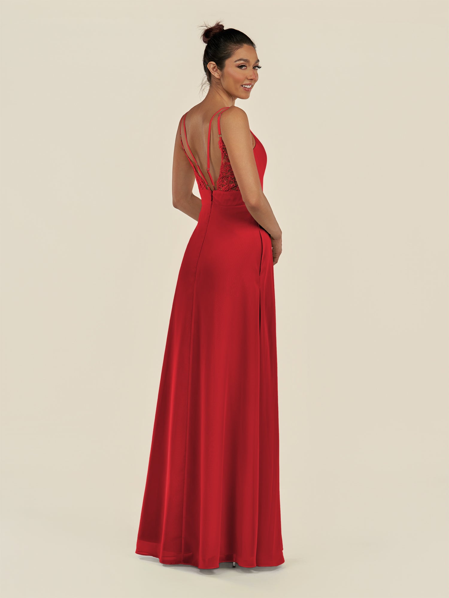 KissDress-Zyria Ruby Red A Line Chiffon V Neck Ruched Long Bridesmaid Dress with Slit