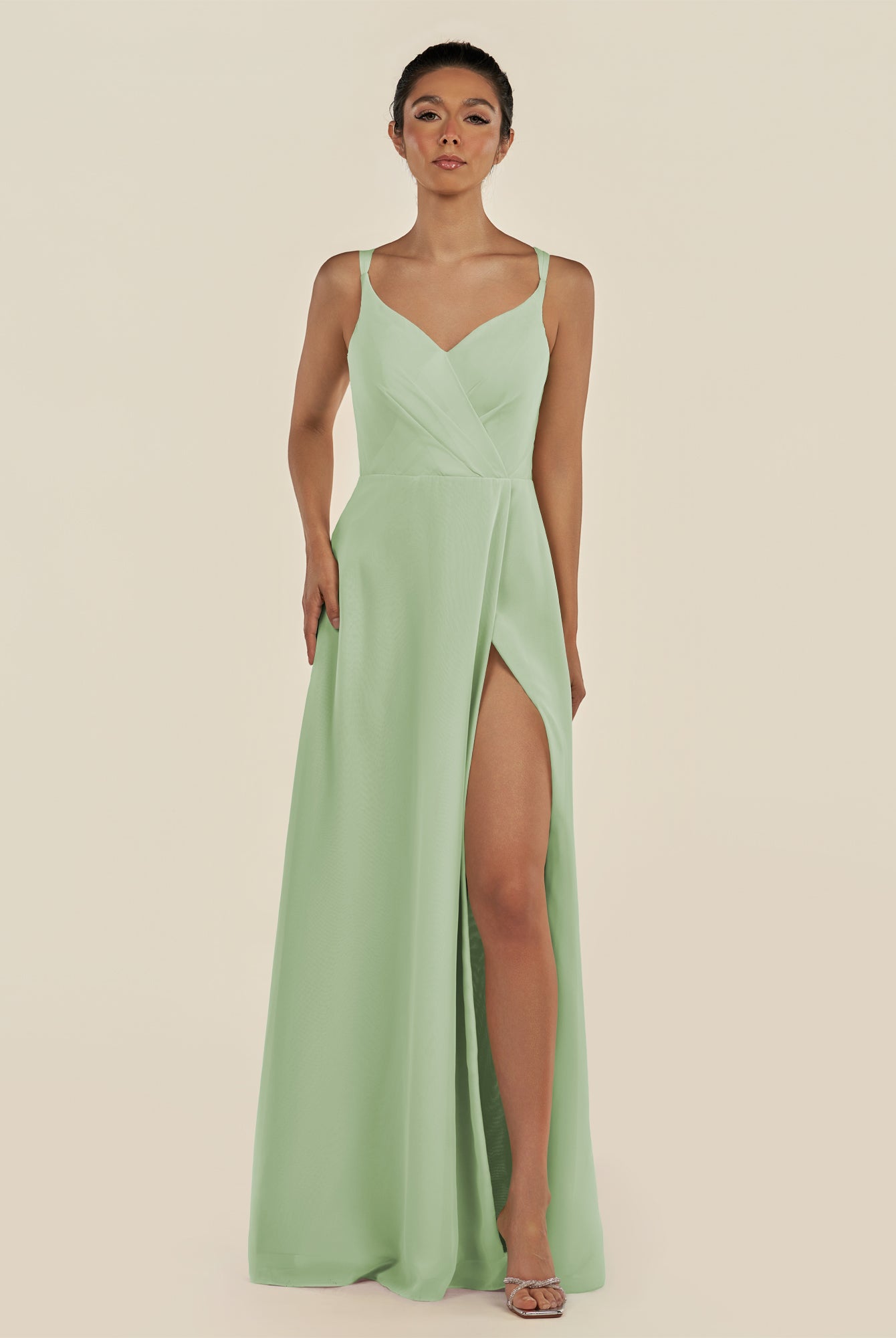 KissDress-Zyria Sage A Line Chiffon V Neck Ruched Long Bridesmaid Dress with Slit
