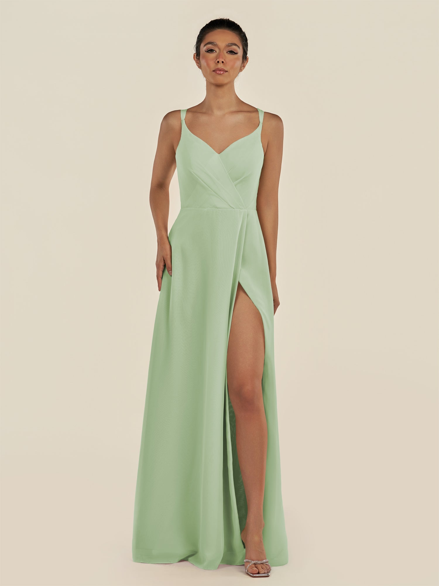 KissDress-Zyria Sage A Line Chiffon V Neck Ruched Long Bridesmaid Dress with Slit